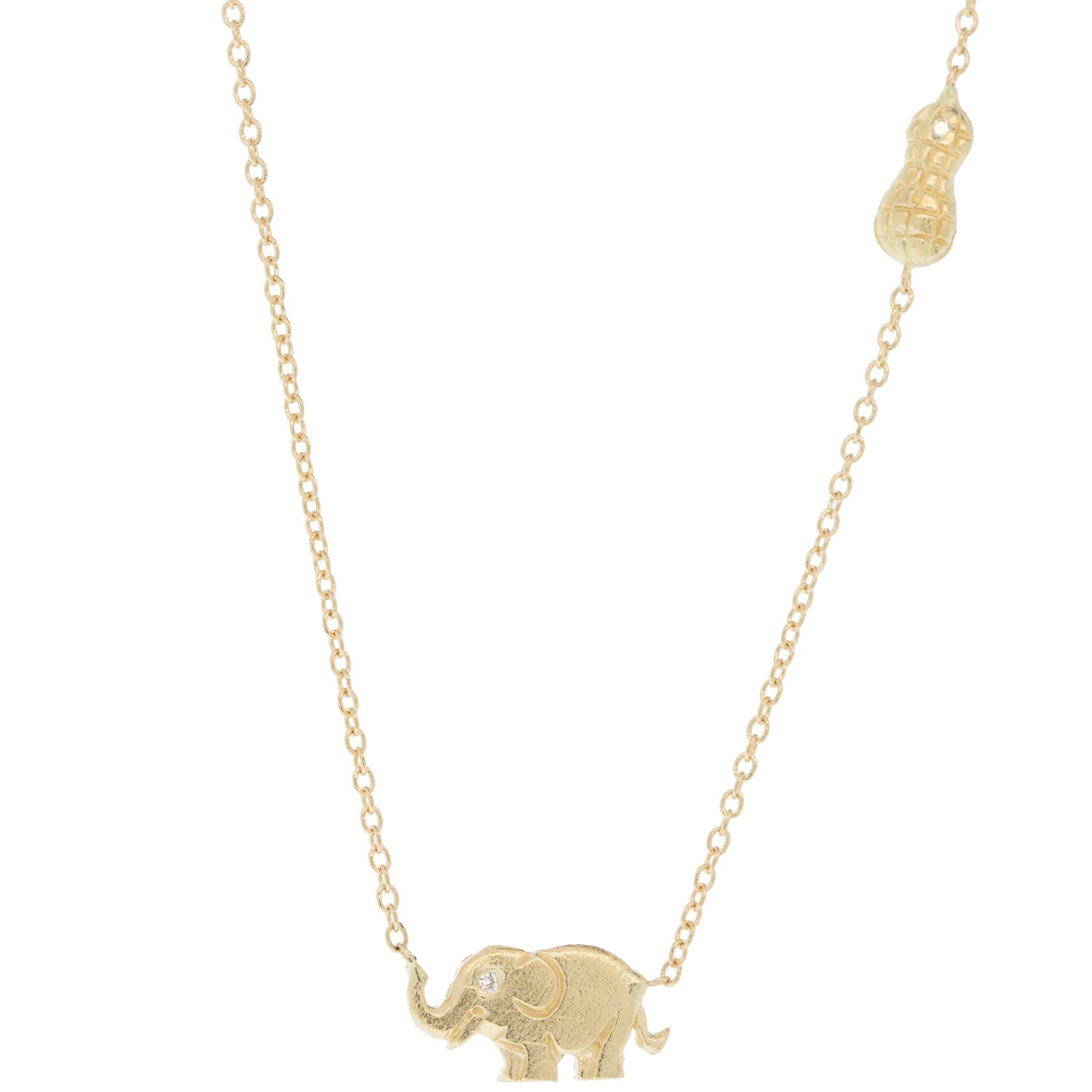 Victoria Cunningham: Necklace, Tiny elephant and peanut, 14K yellow gold.
