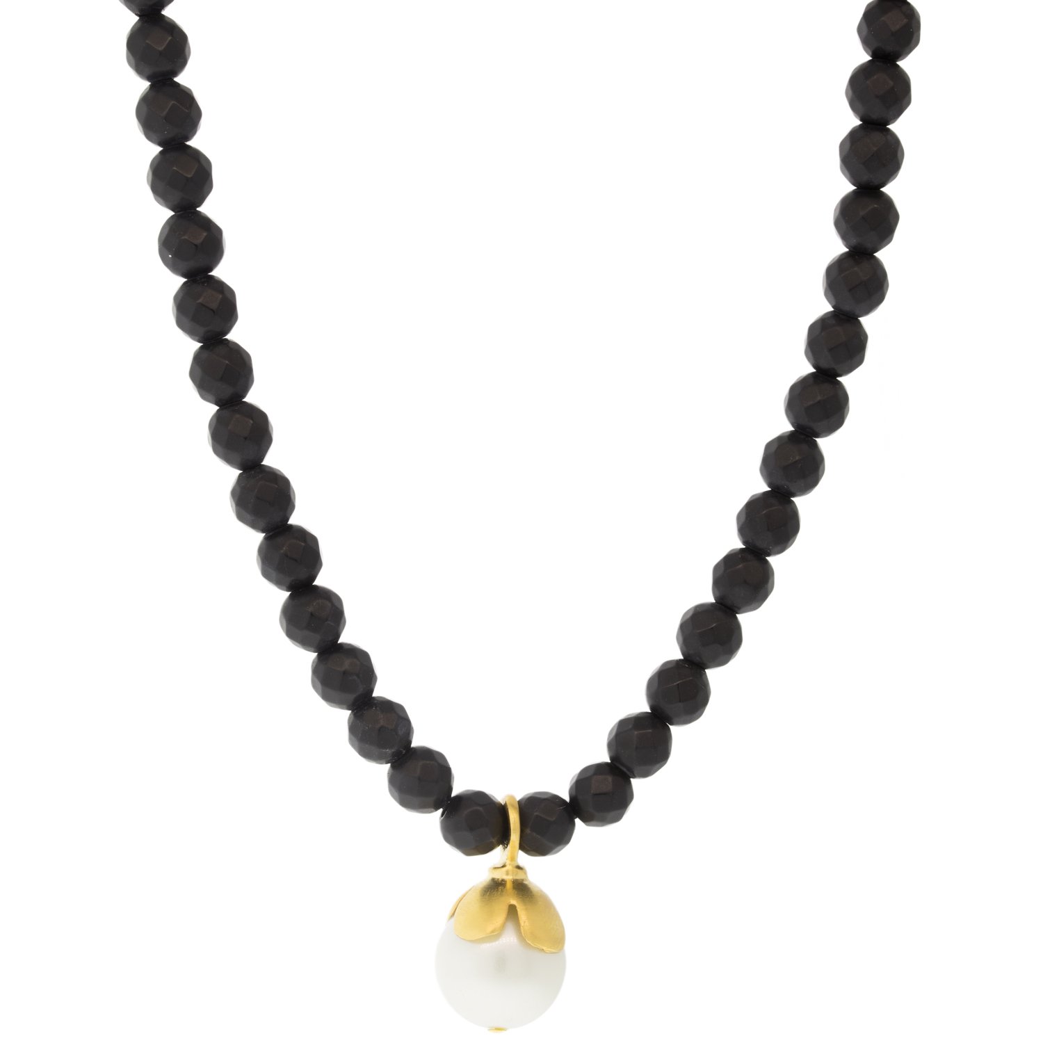 Catherine Canino: 18K matte gold over brass MATTE ONYX flower petal drop stretch necklace w/ pearl drop