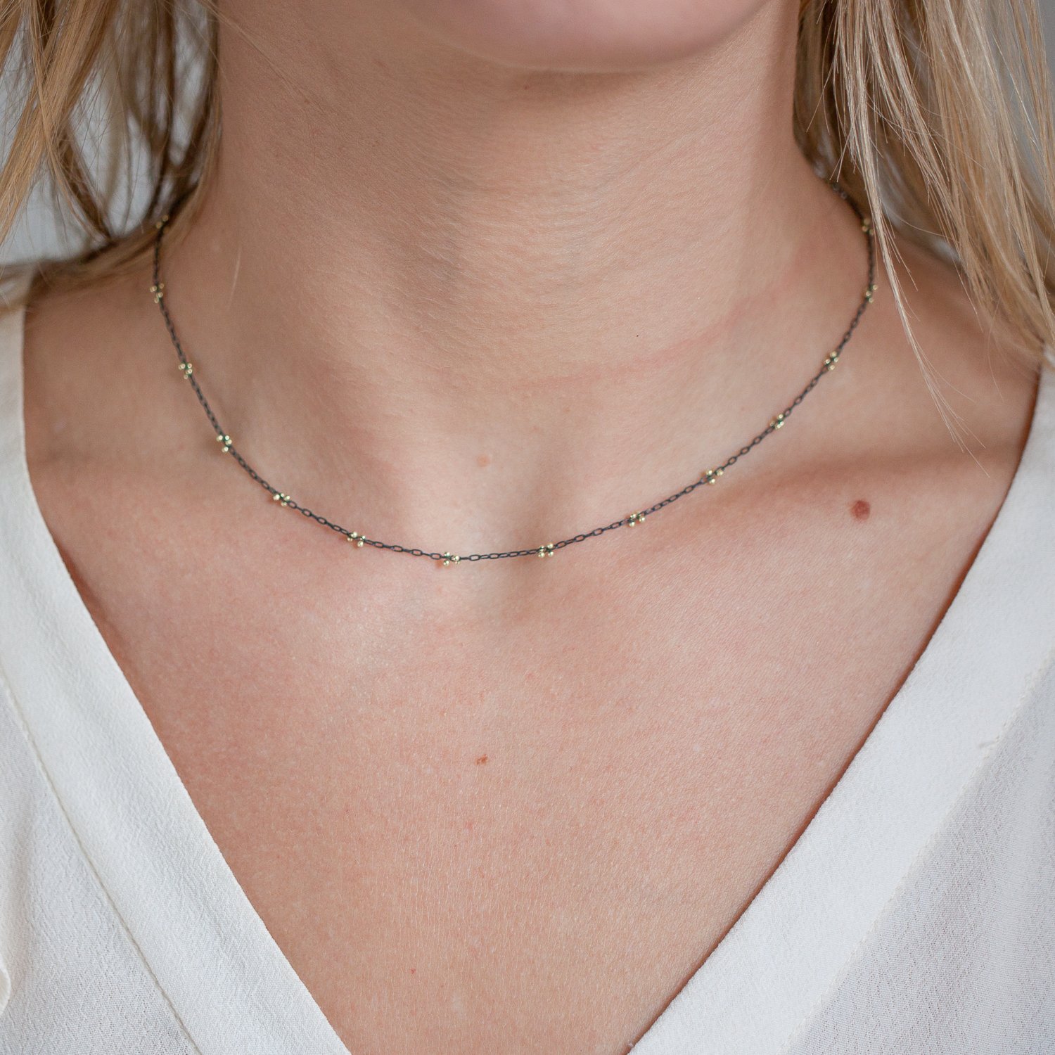 Ten Thousand Things: 18k Beaded XOs Choker on Black