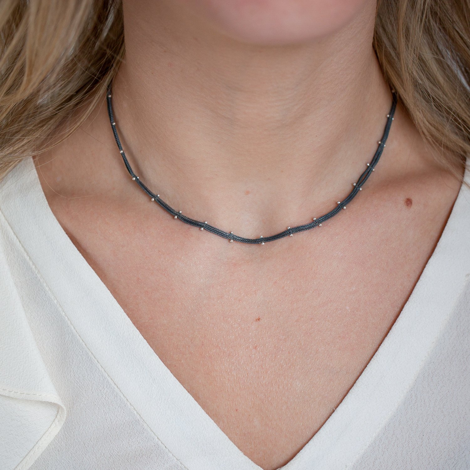 Ten Thousand Things: Necklace, Studded Chain Choker, Oxidized Silver.