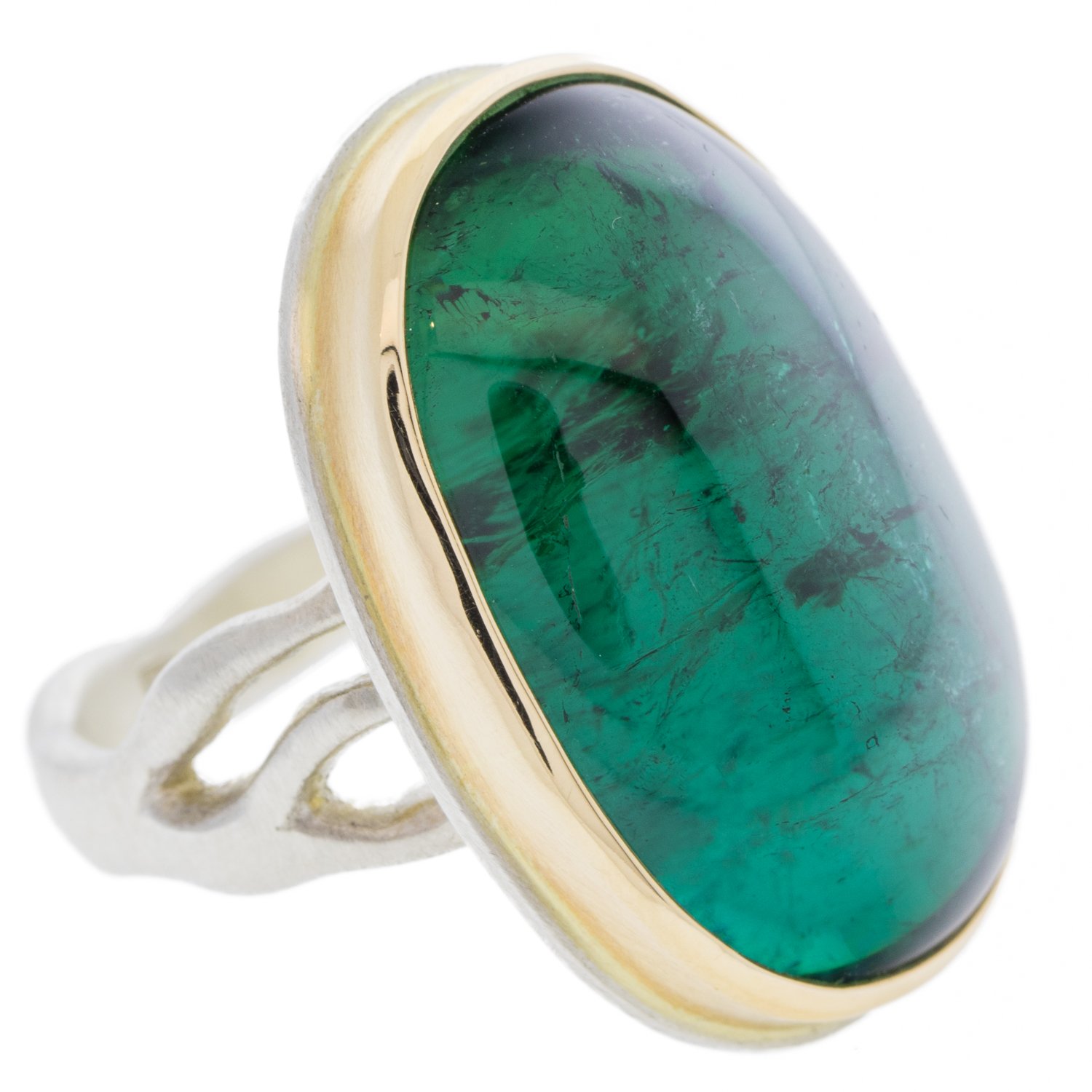 Jamie Joseph: sterling and 14K gold ring w large vertical oval smooth indicolite on madrona band