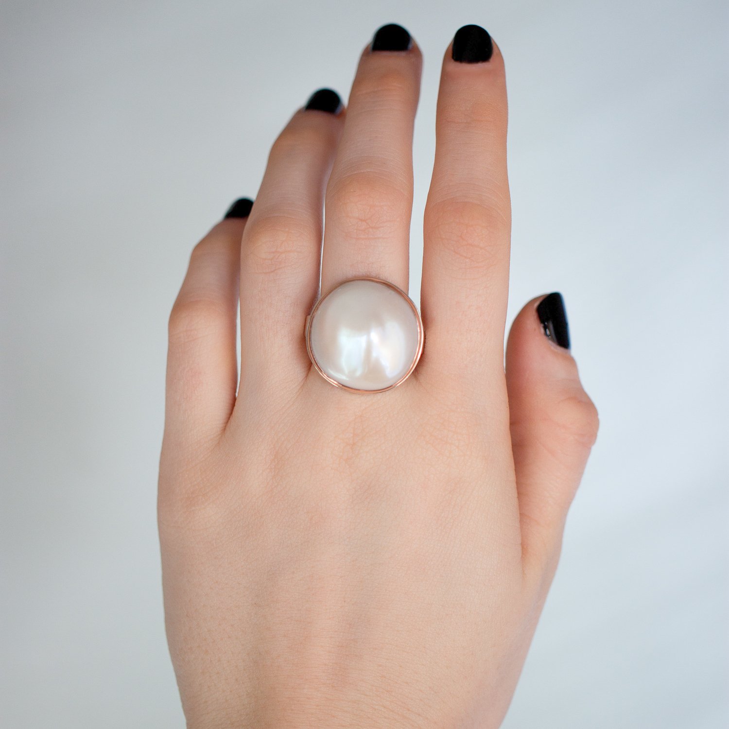 Jamie Joseph: 14K rose gold and sterling silver ring with large round cultured white pearl on tapered X band