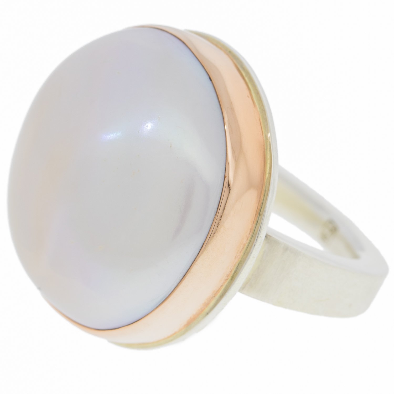 Jamie Joseph: 14K rose gold and sterling silver ring with large round cultured white pearl on tapered X band