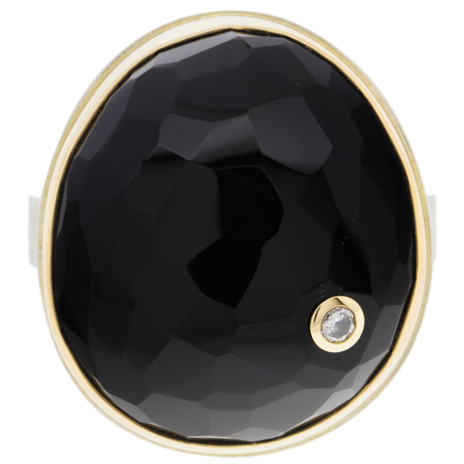 Jamie Joseph: Sterling silver & 14K gold ring with vertical hand faceted asymmetrical black onyx and .06ct diamond on Y band