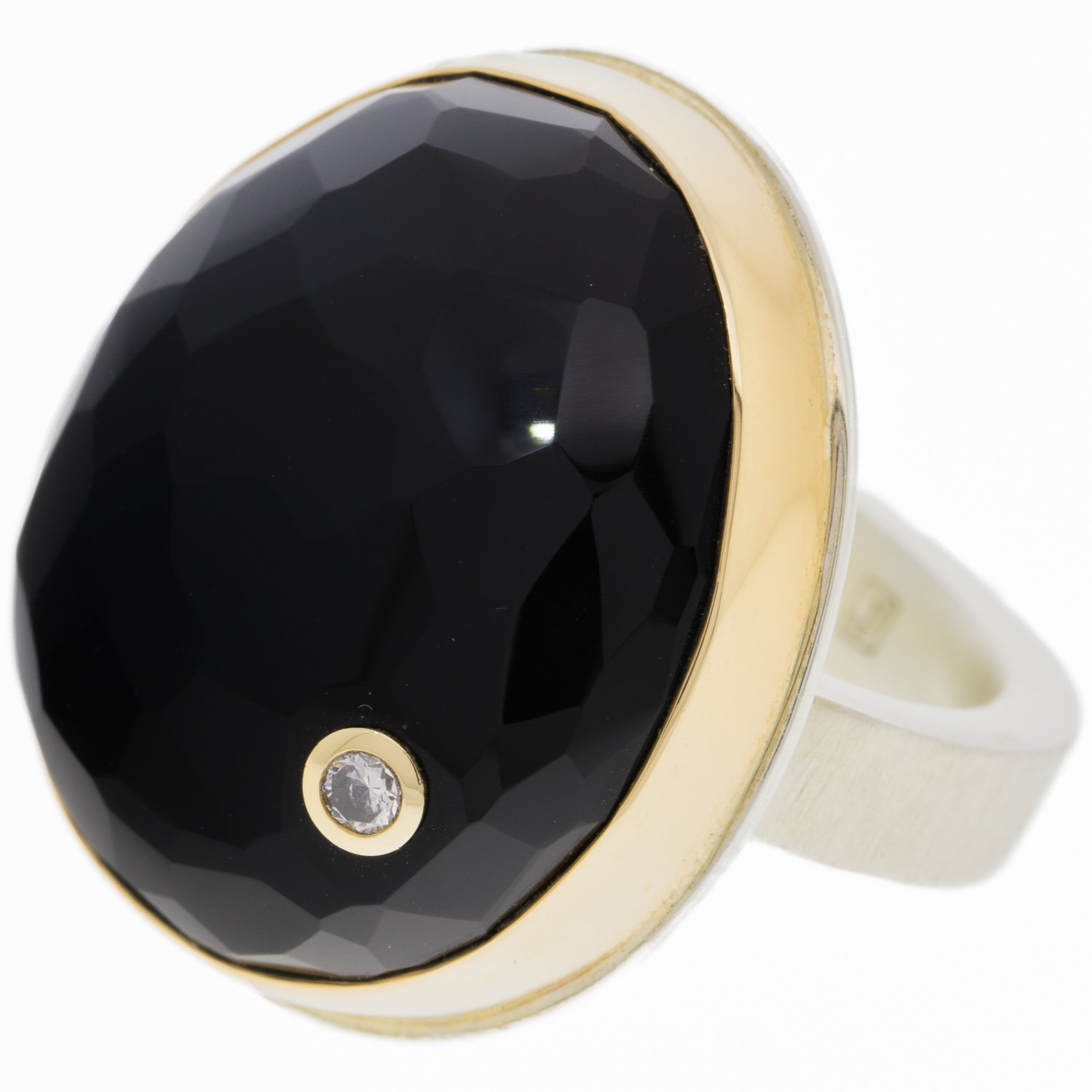 Jamie Joseph: Sterling silver & 14K gold ring with vertical hand faceted asymmetrical black onyx and .06ct diamond on Y band