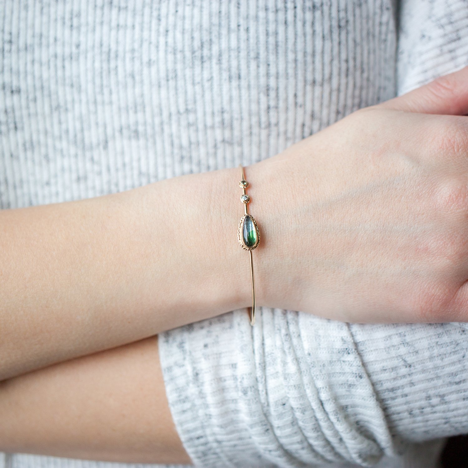 Jamie Joseph Trunk Show: 14K gold Bracelet w/ Teardrop Green Tourmaline on Ruffled Platform w/ Double Diamond Accent .03TCW