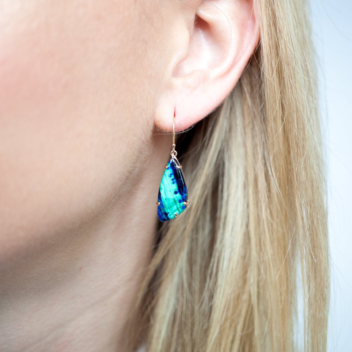 Jamie Joseph Trunk Show: 14K Gold Prong Earrings with Small Asymmetrical Azurite Malachite Chrysocolla