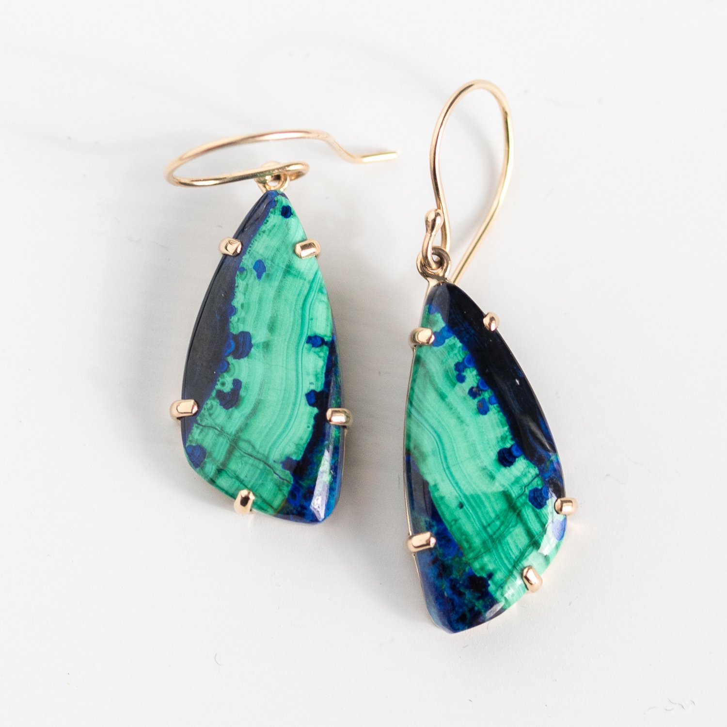 Jamie Joseph Trunk Show: 14K Gold Prong Earrings with Small Asymmetrical Azurite Malachite Chrysocolla