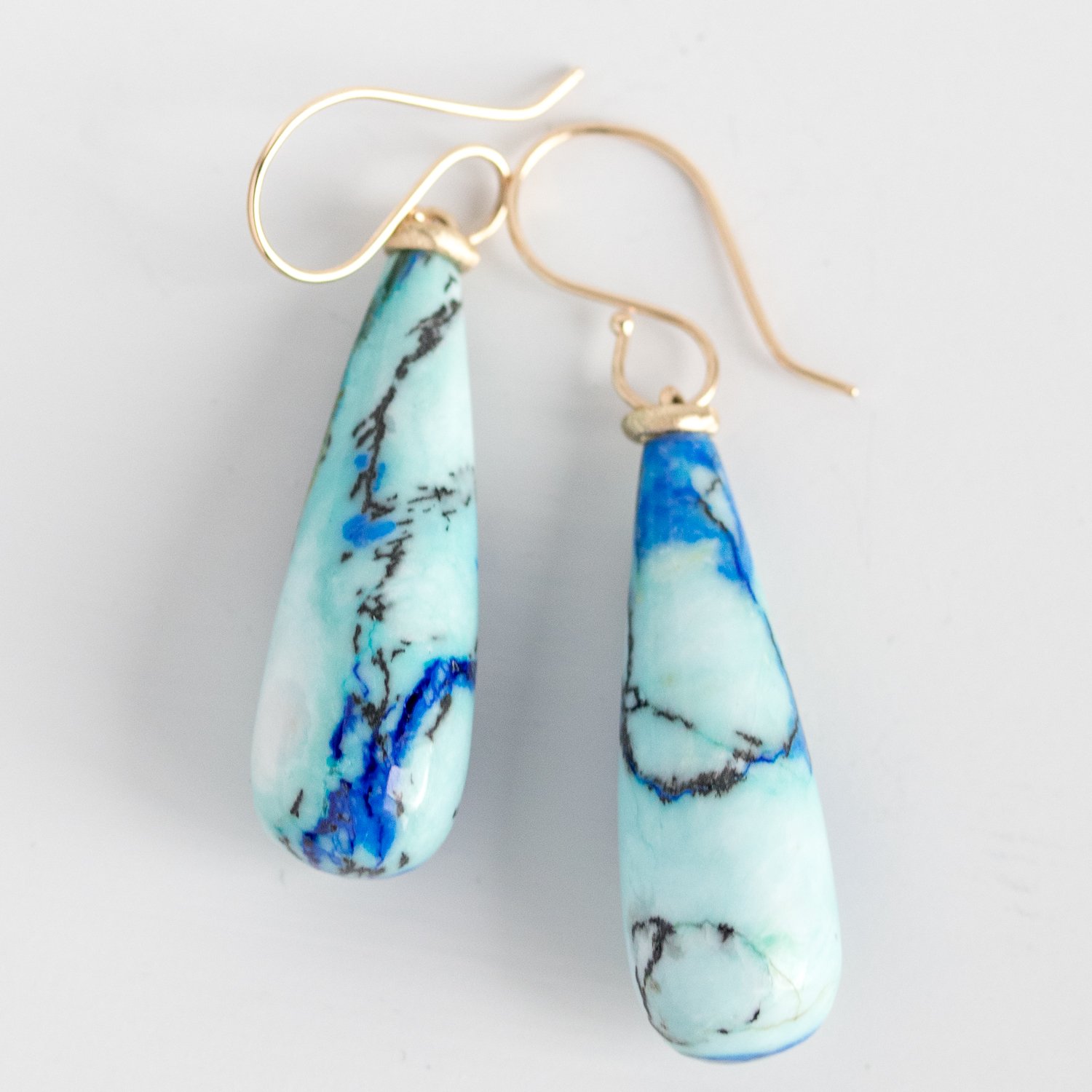 Jamie Joseph Trunk Show: 14K Gold Earrings with Large Azurite Chrysocolla Bottles