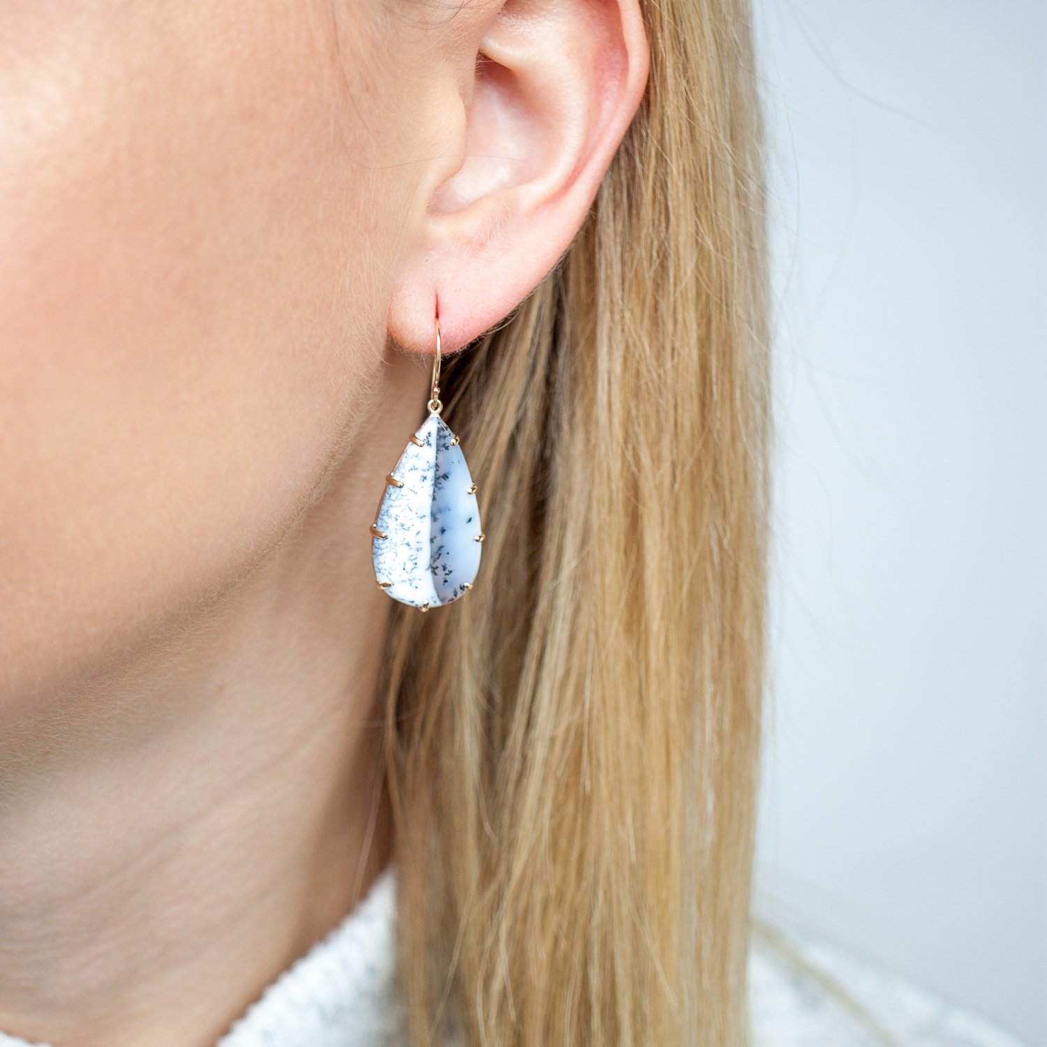 Jamie Joseph Trunk Show: 14K Gold Prong Earrings with Teardrop Smooth Dendritic Opal