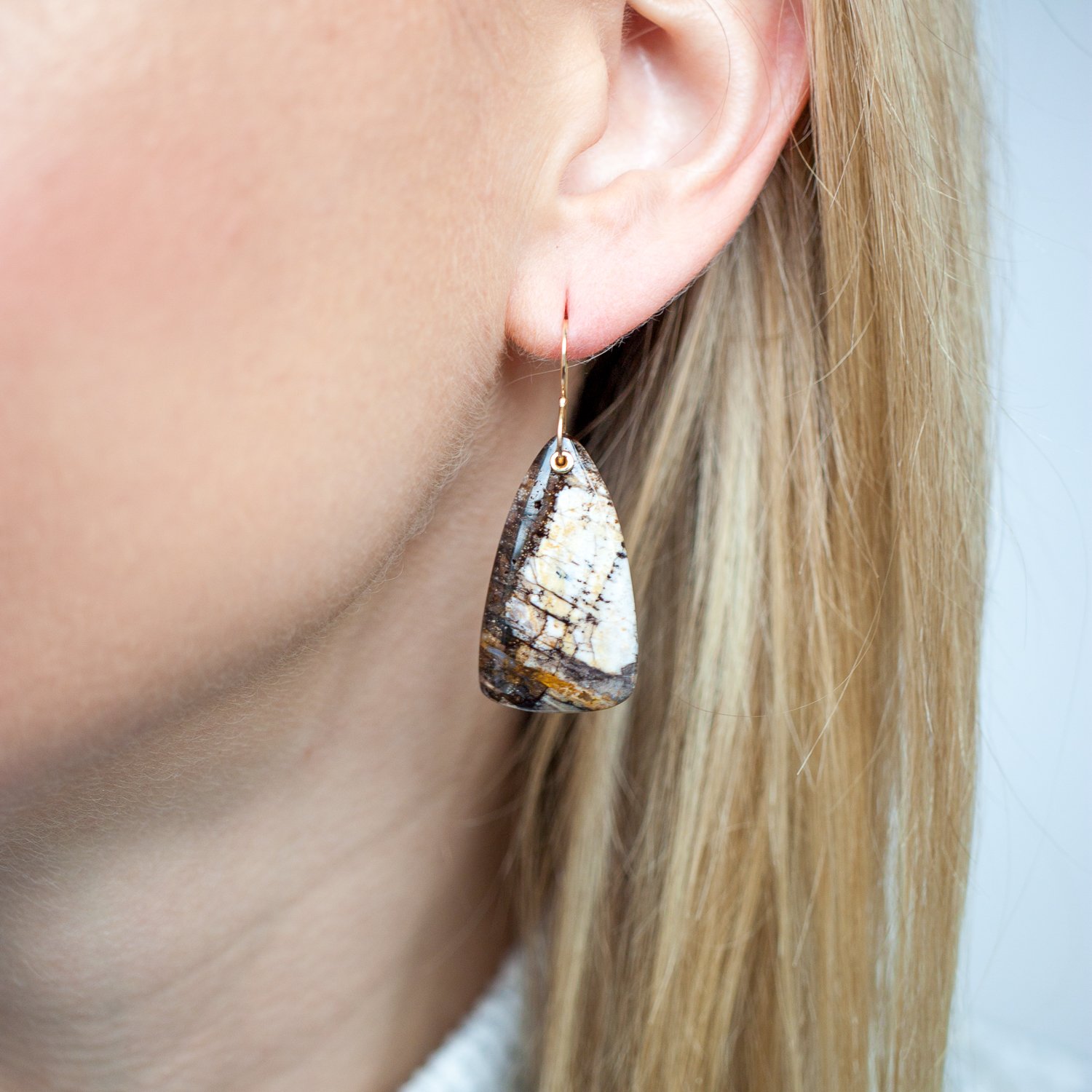 Jamie Joseph Trunk Show: 14K Gold Earrings w/ Drilled & Sleeved Asymmetrical Smooth Fossilized Colla Wood