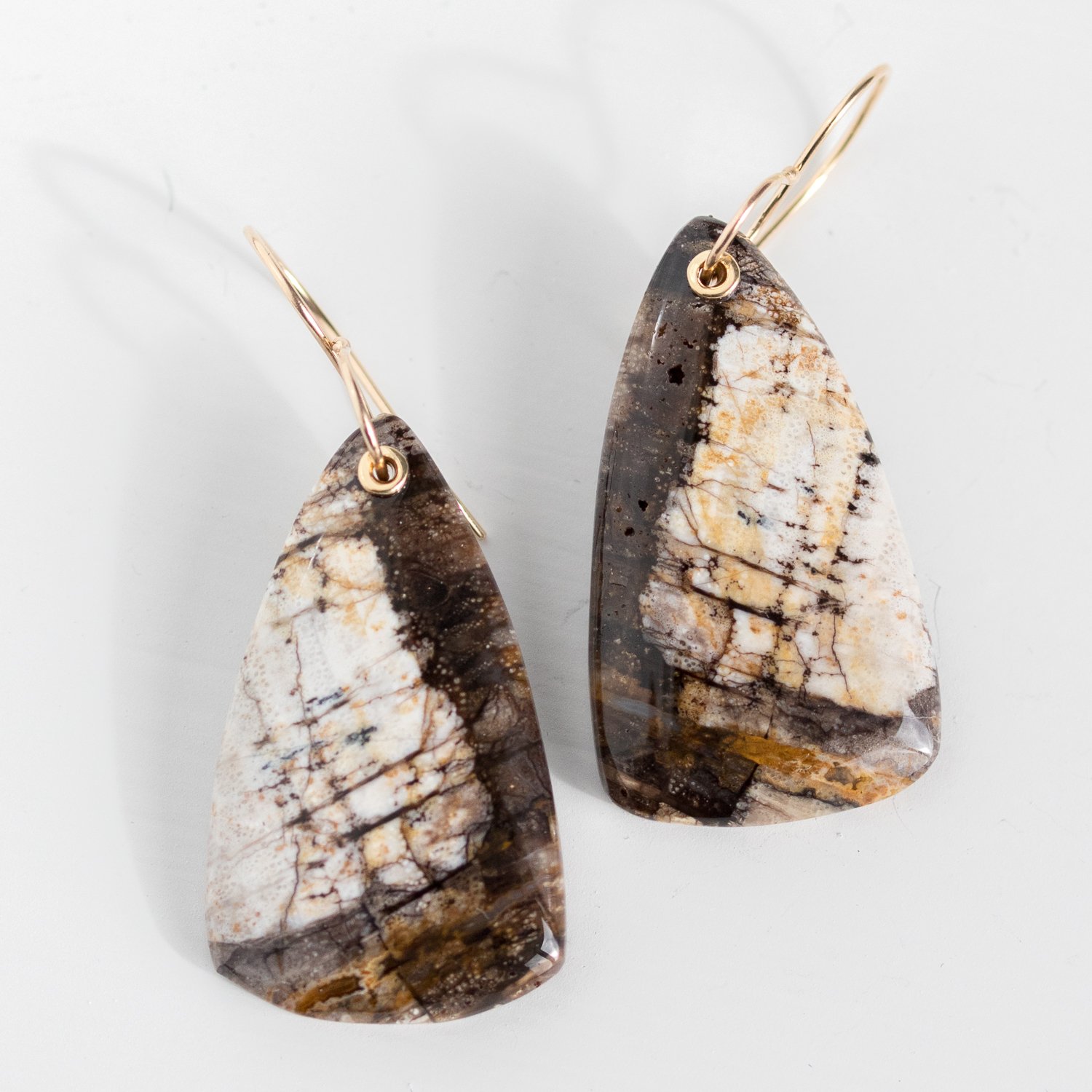 Jamie Joseph Trunk Show: 14K Gold Earrings w/ Drilled & Sleeved Asymmetrical Smooth Fossilized Colla Wood