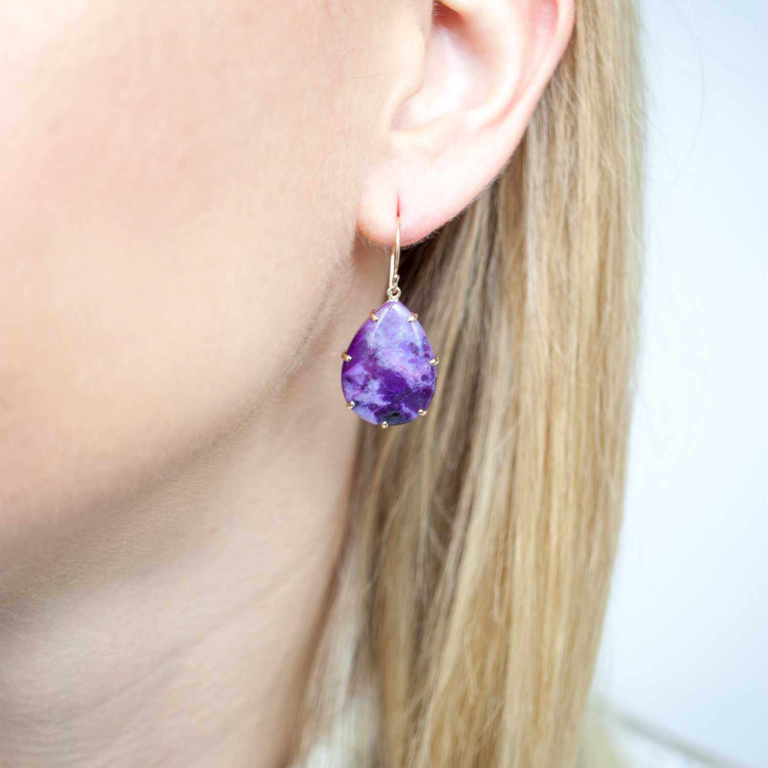 Jamie Joseph Trunk Show: 14K Gold Prong Earrings w/ Teardrop Smooth Sugilite
