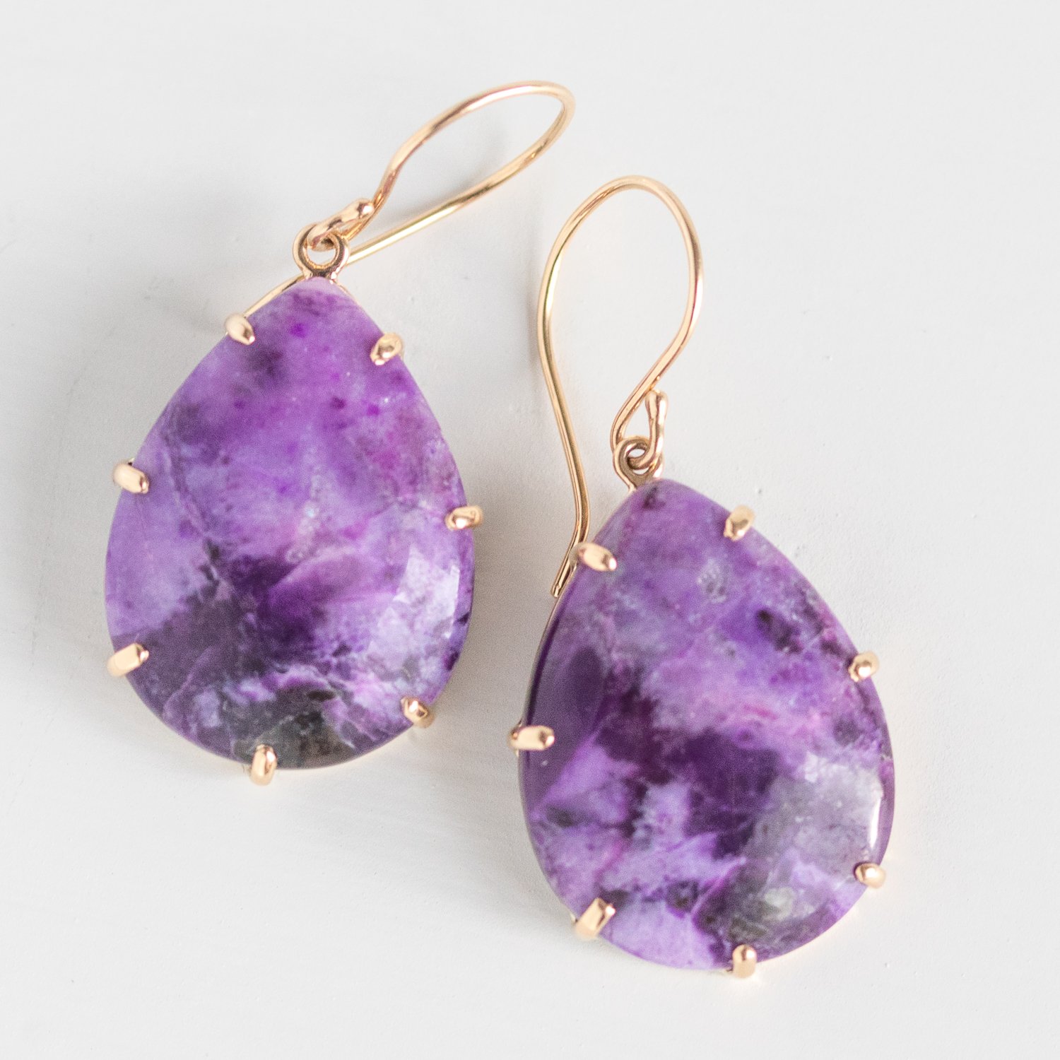 Jamie Joseph Trunk Show: 14K Gold Prong Earrings w/ Teardrop Smooth Sugilite