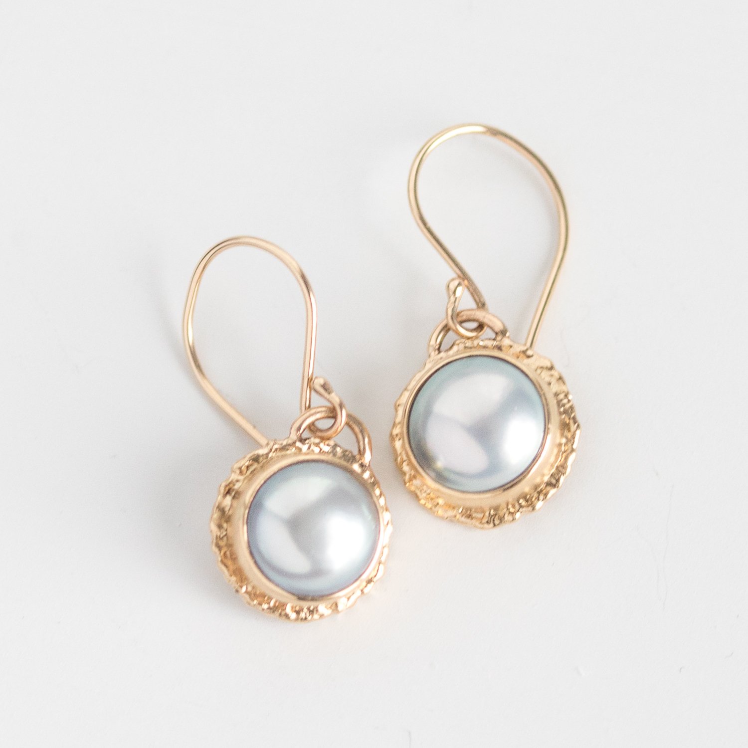 Jamie Joseph Trunk Show: 14K Gold Earrings with 8mm Round Grey Cultured Pearl on Ruffled Platform