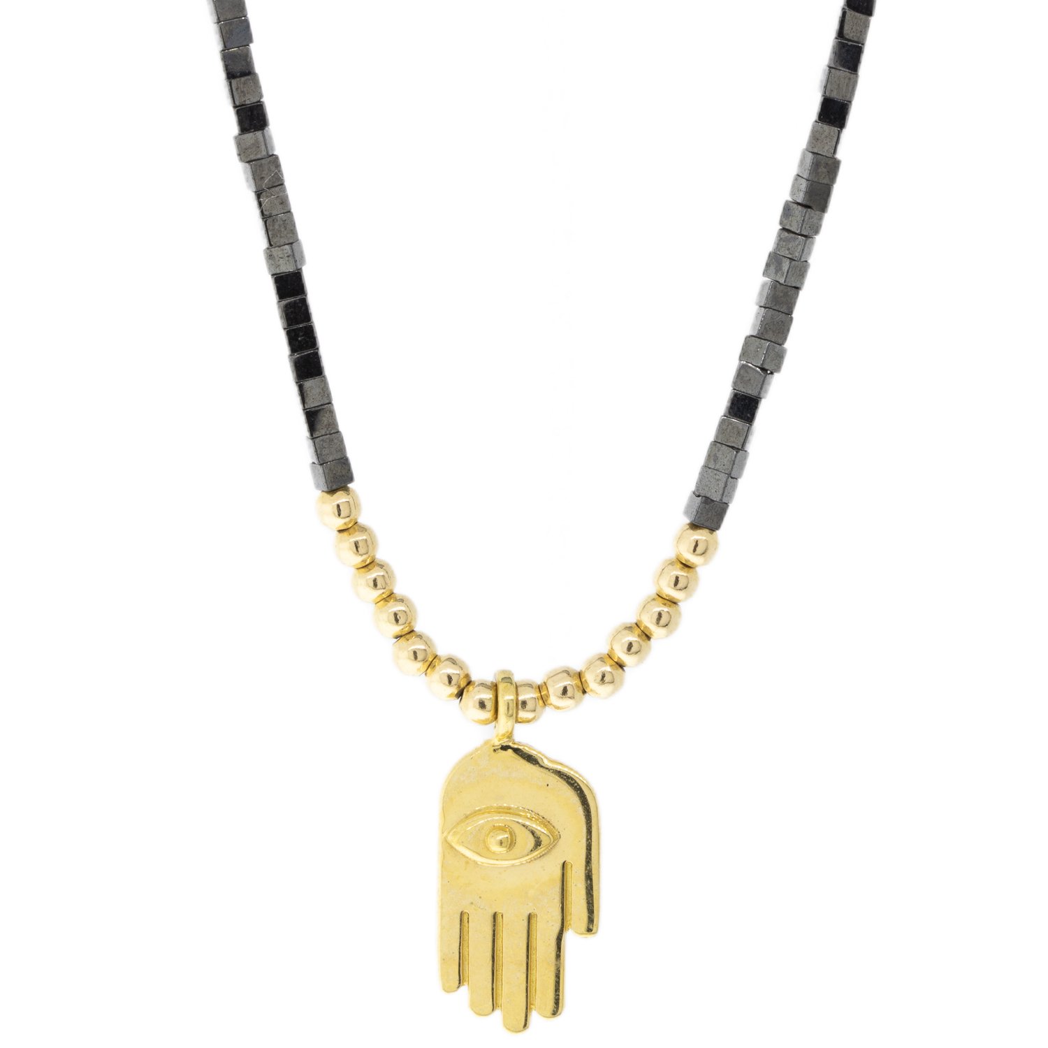 Iwona Ludyga Design: 14K gold fill and silk thread hamsa necklace with hematite beads