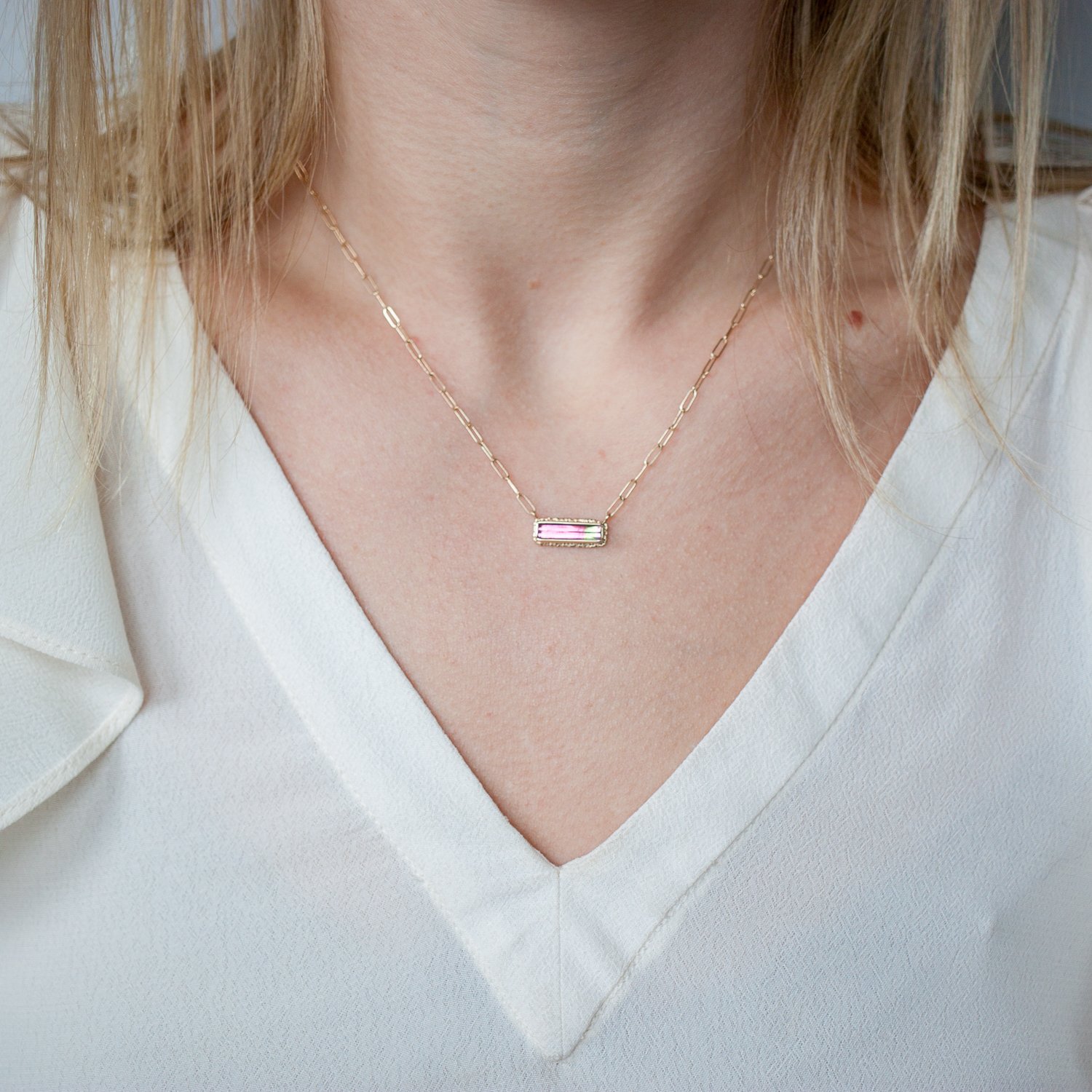 Jamie Joseph Trunk Show: 14K Gold Necklace w/ Small Rectangular Inverted Watermelon Tourmaline on Ruffled Platform and Light Rectangular Chain (18")