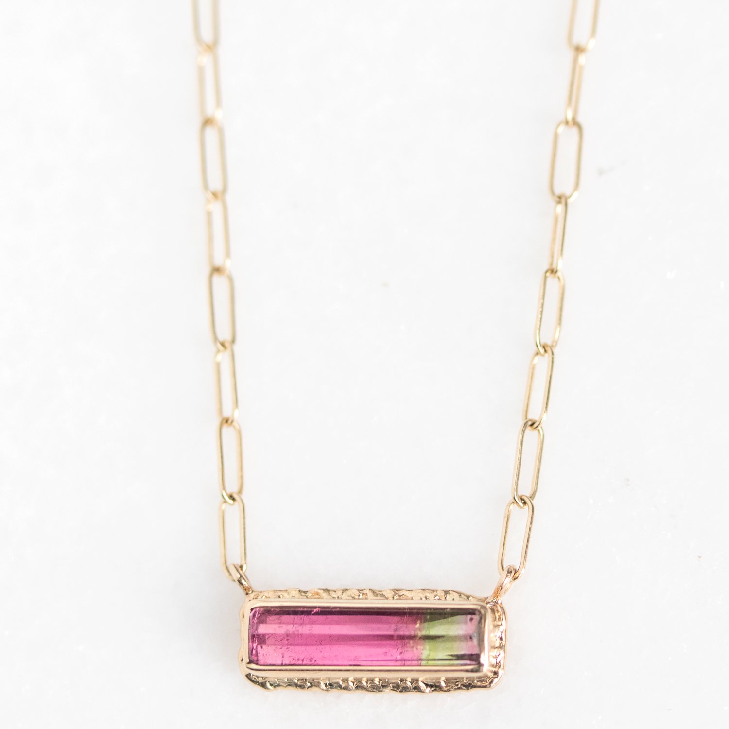 Jamie Joseph Trunk Show: 14K Gold Necklace w/ Small Rectangular Inverted Watermelon Tourmaline on Ruffled Platform and Light Rectangular Chain (18")