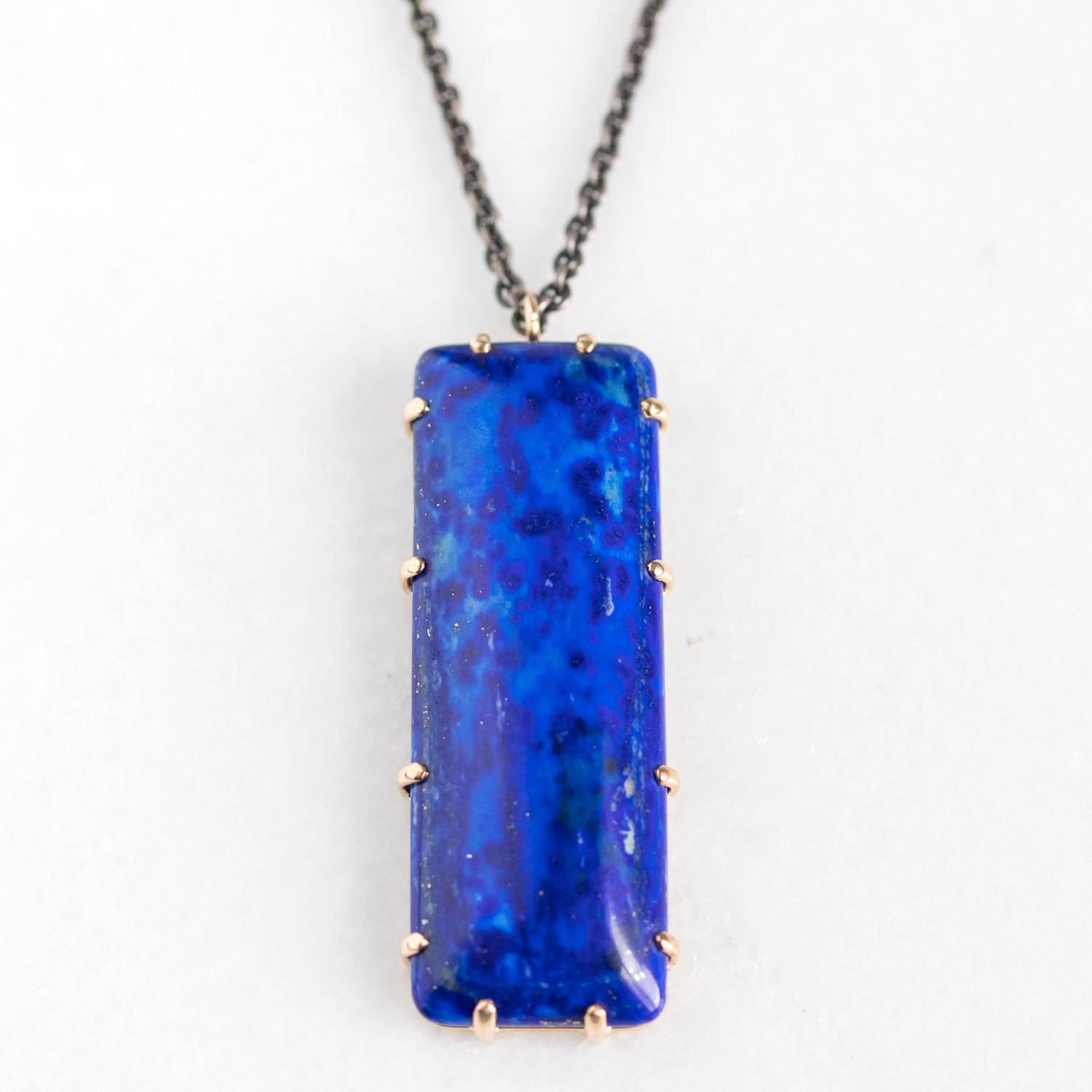 Jamie Joseph Trunk Show: Oxidized Sterling & 14K Gold Long Convertible Necklace w/ Large Rectangular Lapis in Multi Prongs w/ Multiple Sliding Rings & .03 ct Double Sided Diamond Accent (.06 TCW) (17.5/32.5")