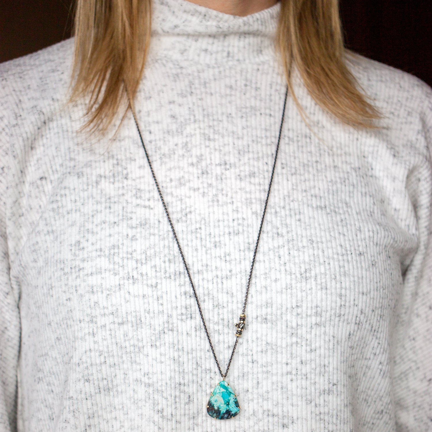 Jamie Joseph Trunk Show: Oxidized Sterling & 14K Gold Long Convertible Necklace w/ Teardrop Smooth Blue Indonesian Fossilized Opalized Wood in Multi Prongs w/ 0.03 ct Double Sided Black Diamond Accent (0.06 TCW) & Multiple Sliding Rings (17.5/32.5