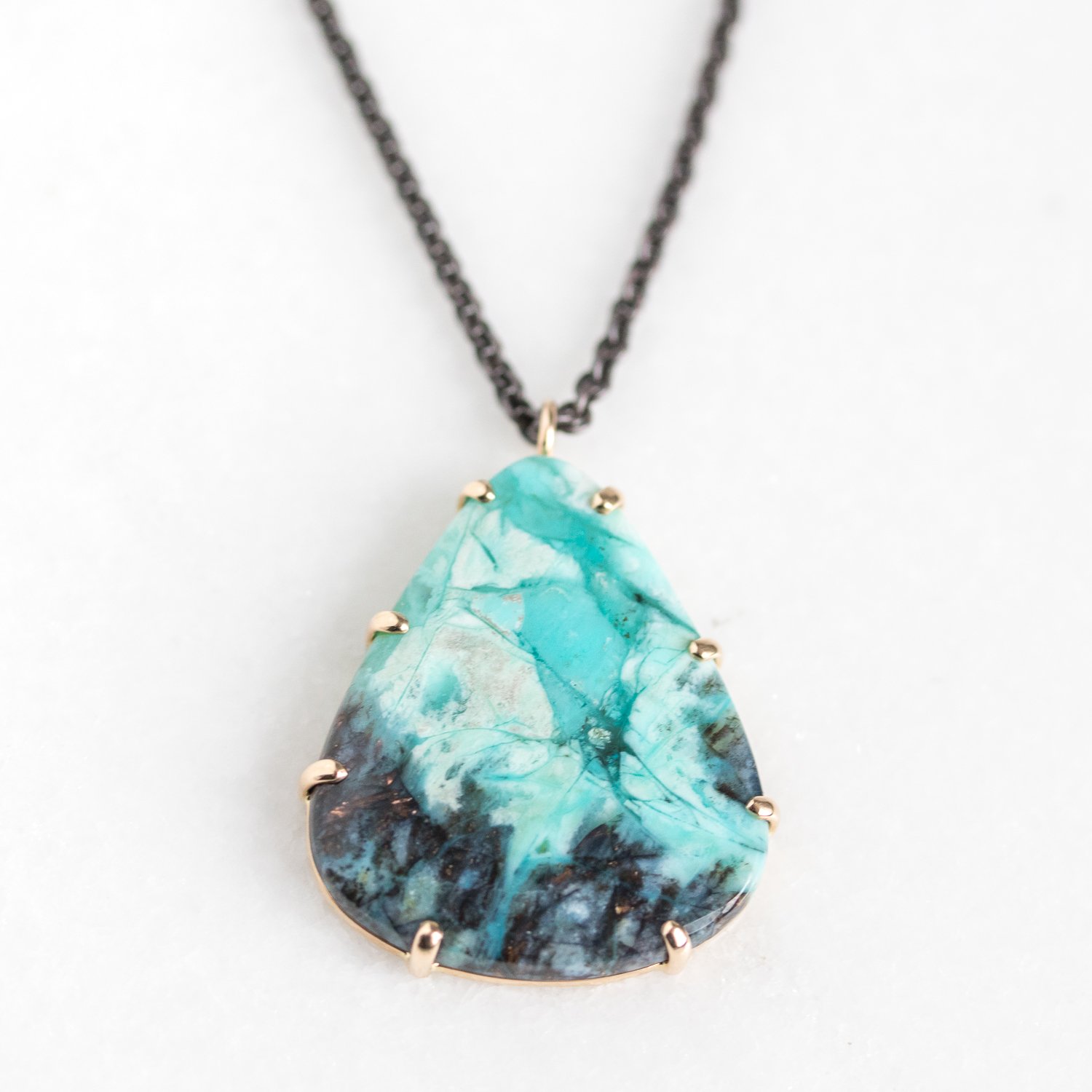 Jamie Joseph Trunk Show: Oxidized Sterling & 14K Gold Long Convertible Necklace w/ Teardrop Smooth Blue Indonesian Fossilized Opalized Wood in Multi Prongs w/ 0.03 ct Double Sided Black Diamond Accent (0.06 TCW) & Multiple Sliding Rings (17.5/32.5