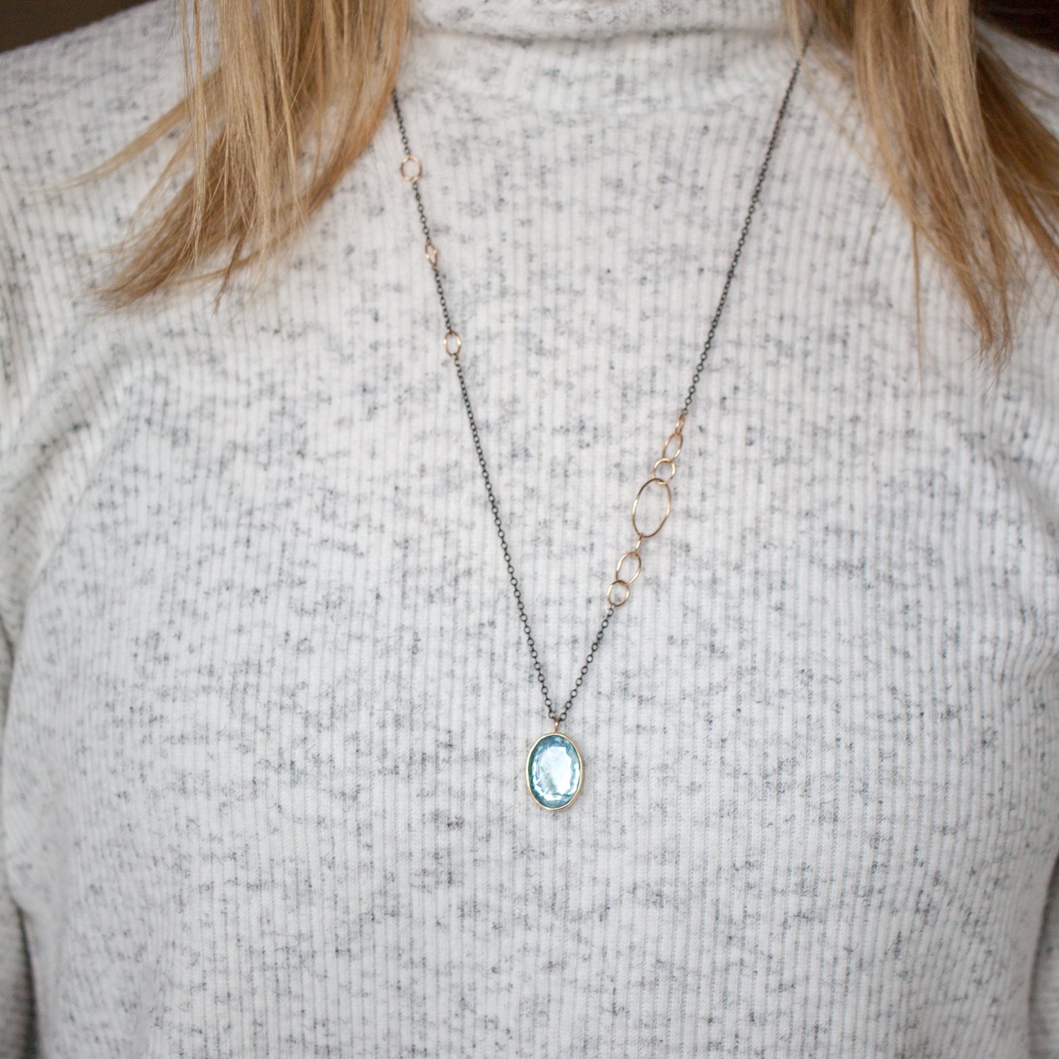 Jamie Joseph Trunk Show: Oxidized Sterling & 14K Gold Long Necklace w/ Oval Table Up Aquamarine in Sterling Backed Gold Bezel w/ Handmade Chain Accents (26")
