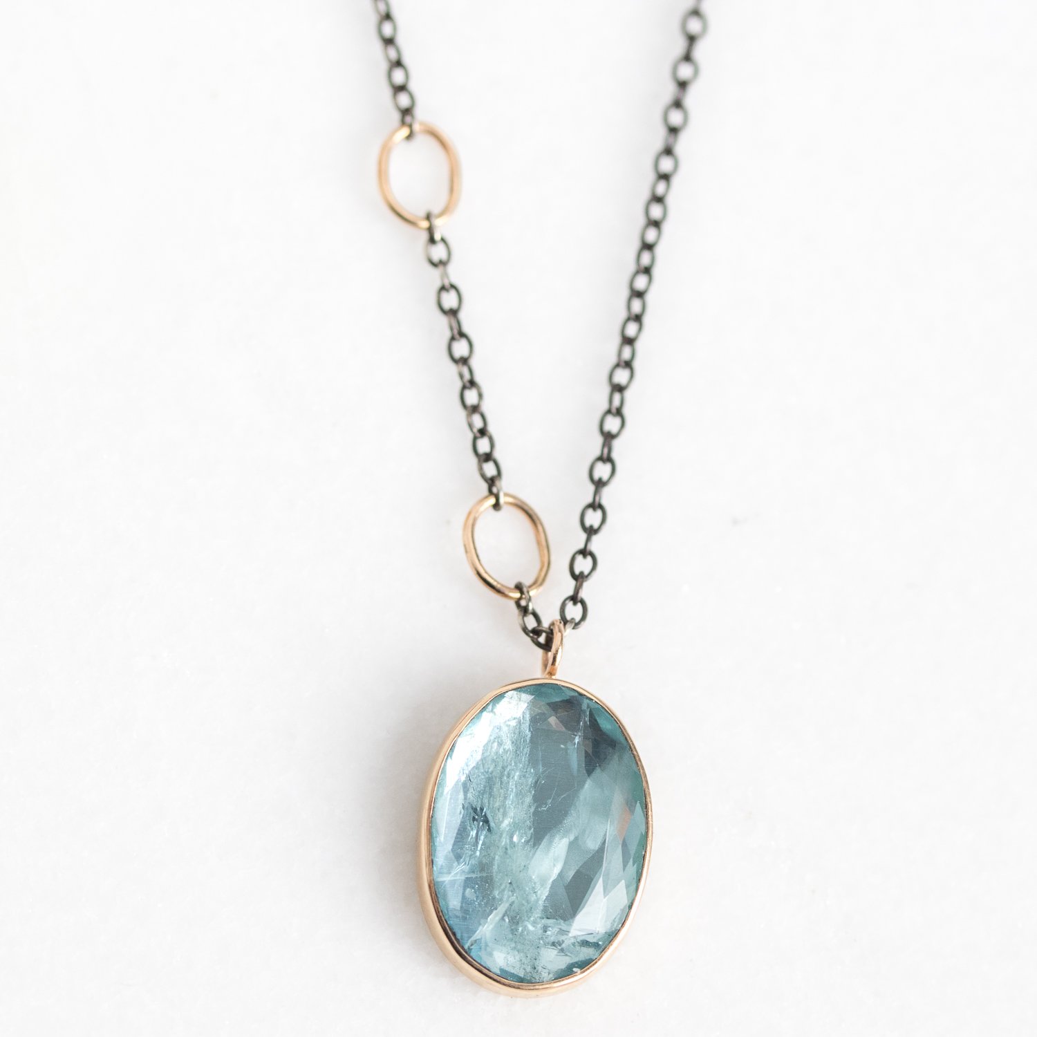 Jamie Joseph Trunk Show: Oxidized Sterling & 14K Gold Long Necklace w/ Oval Table Up Aquamarine in Sterling Backed Gold Bezel w/ Handmade Chain Accents (26")