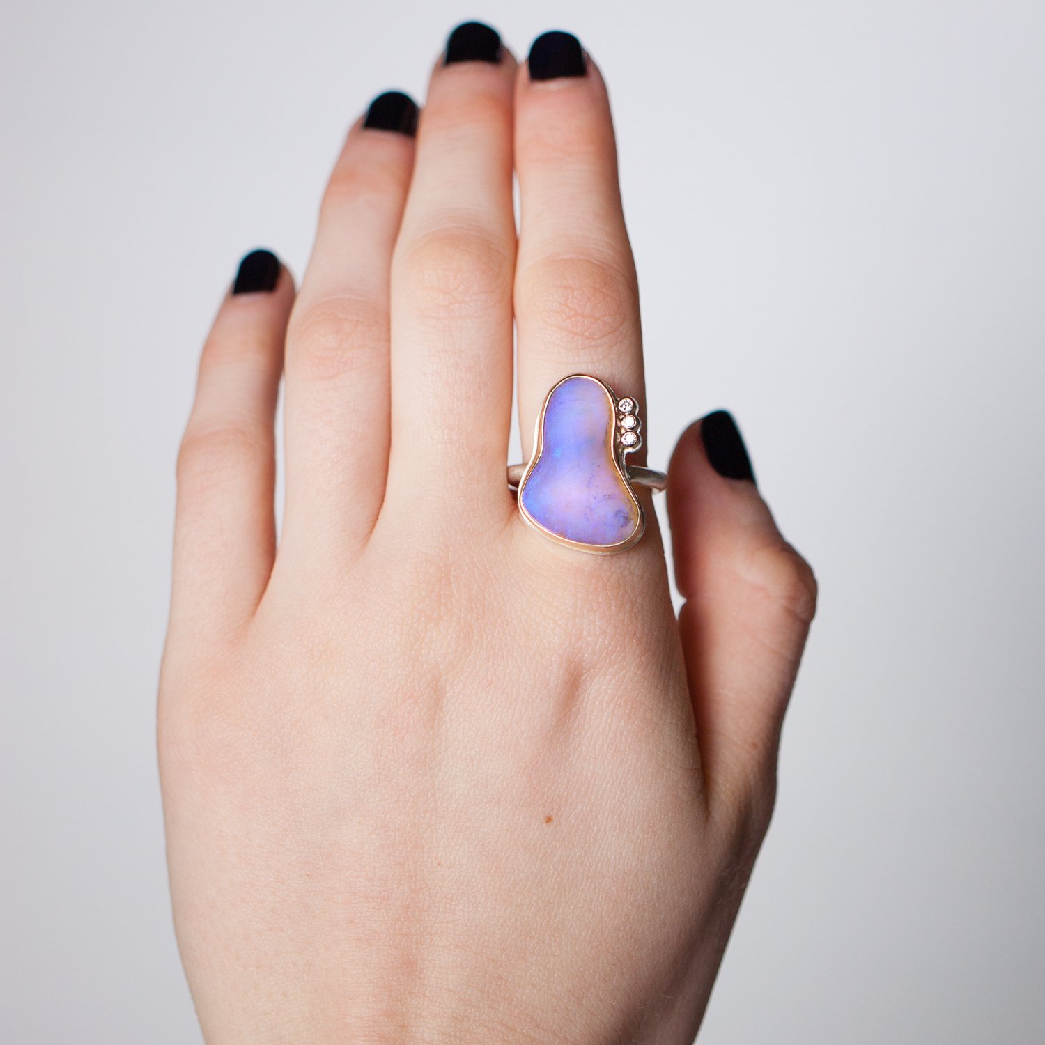 Jamie Joseph Trunk Show: Australian Opal with 3 Satelite Diamonds sz. 7