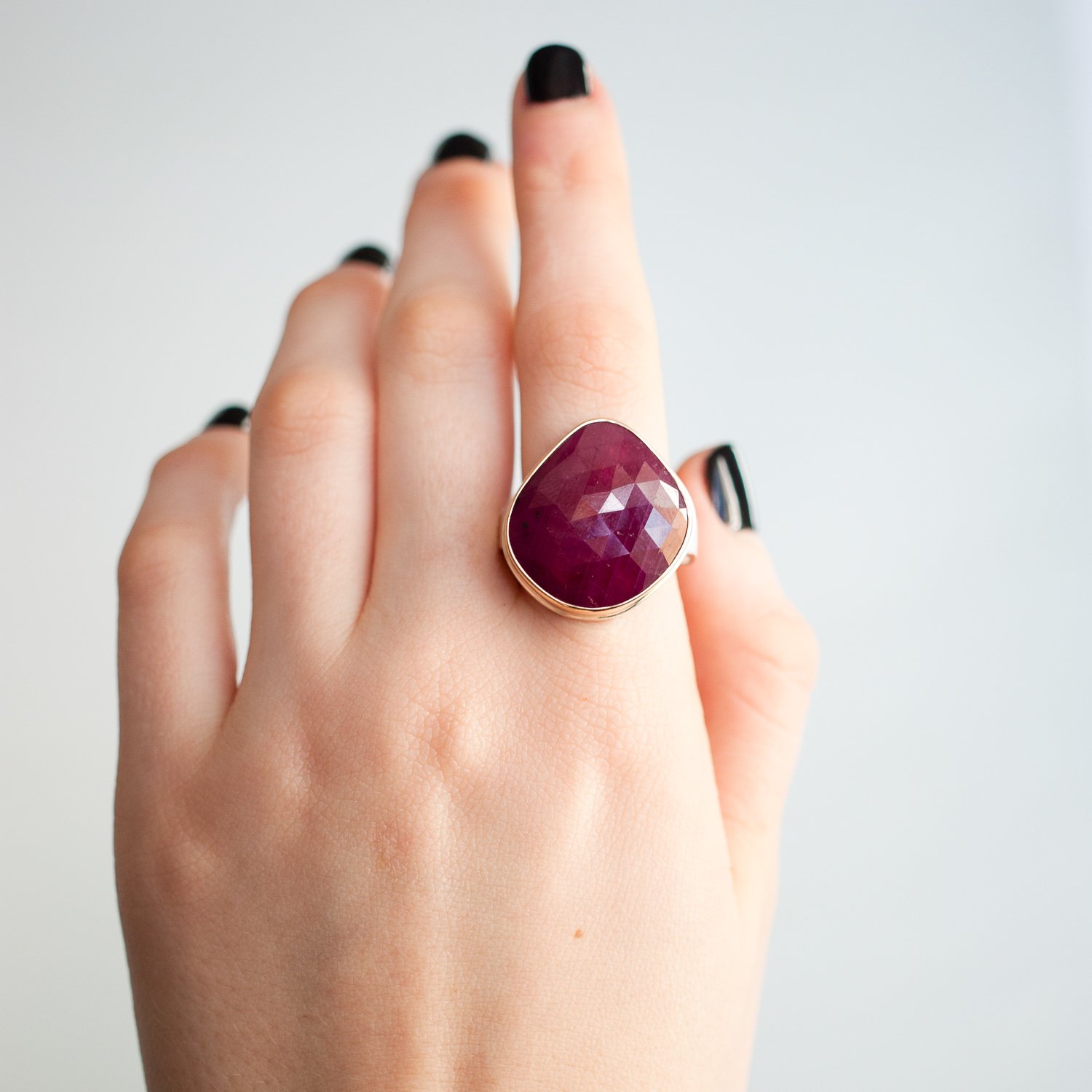 Jamie Joseph: 14K gold and sterling silver ring with vertical rose cut asymmetrical Indian ruby on live edge band Size 7.75