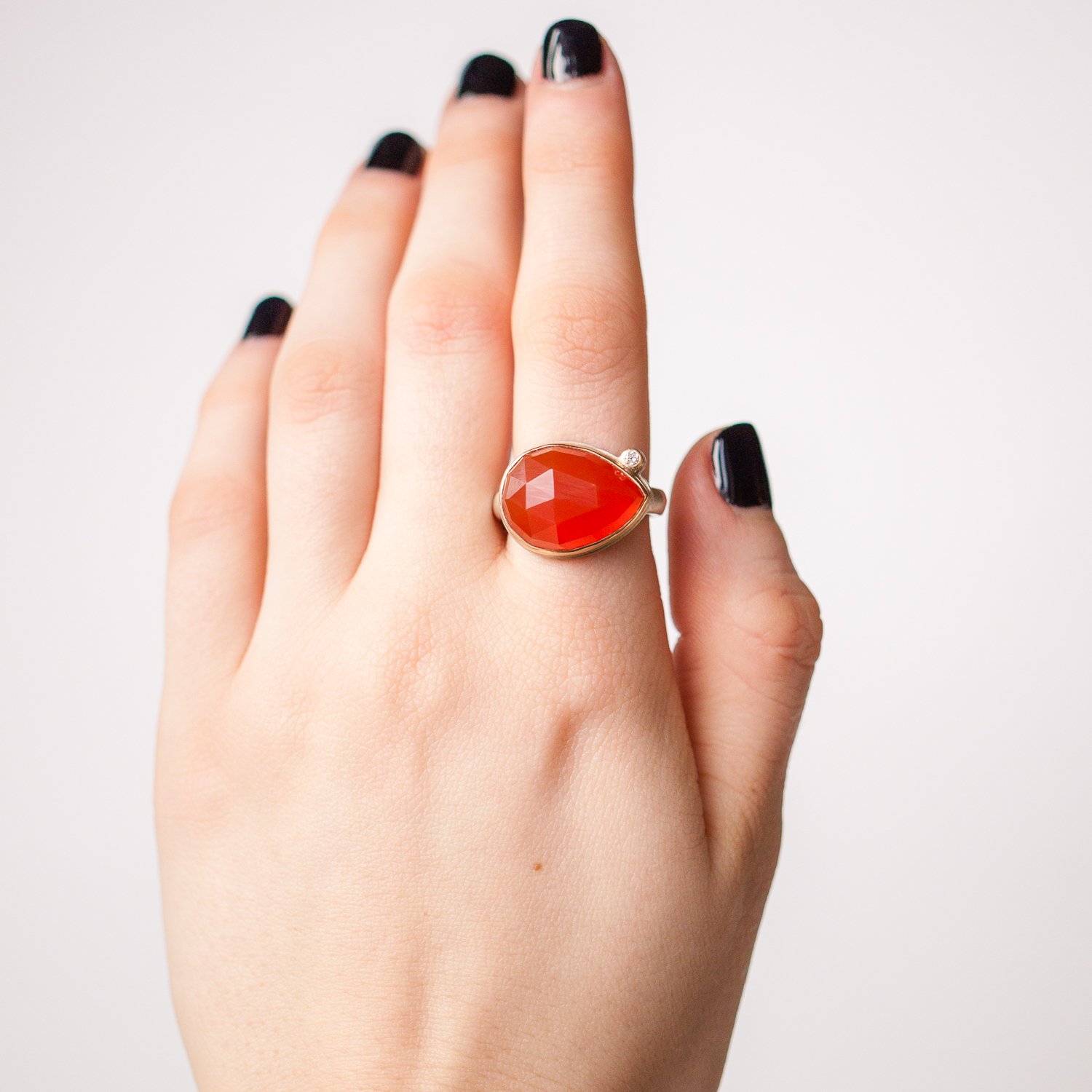 Jamie Joseph Trunk Show: Orange Chalcedony Horizontal Teardrop with Satelite Diamond sz. 7