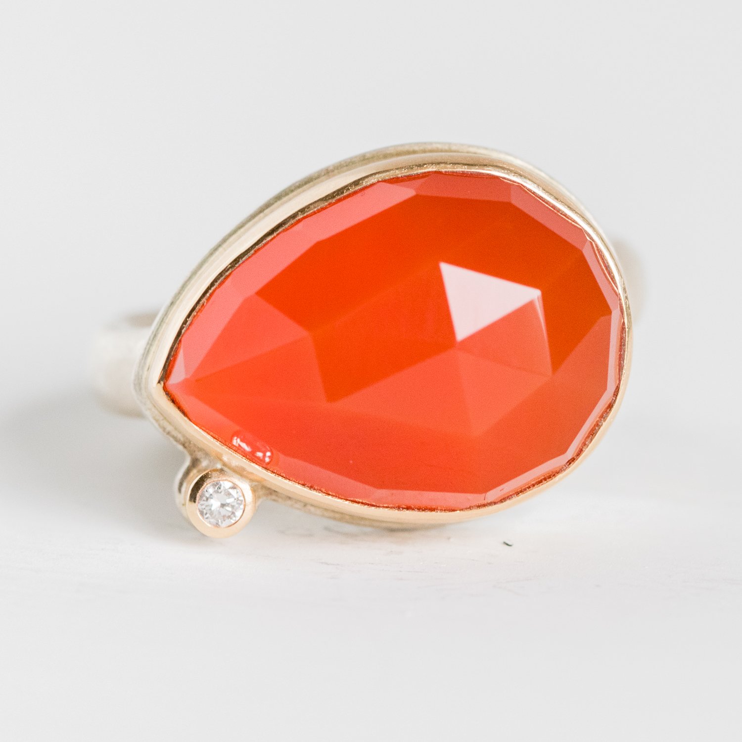 Jamie Joseph Trunk Show: Orange Chalcedony Horizontal Teardrop with Satelite Diamond sz. 7