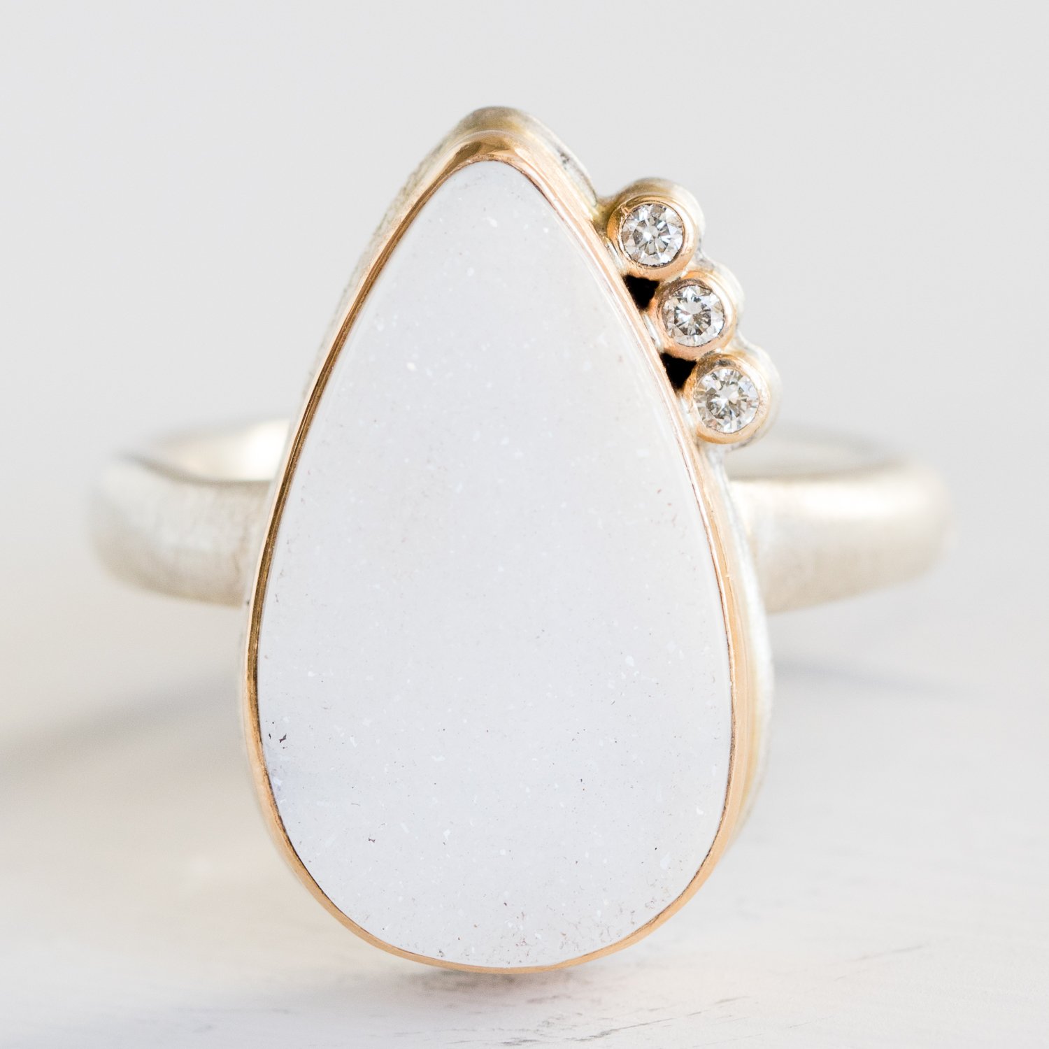 Jamie Joseph Trunk Show: Brazilian White Drusy with Three Diamond Ring sz. 7.75