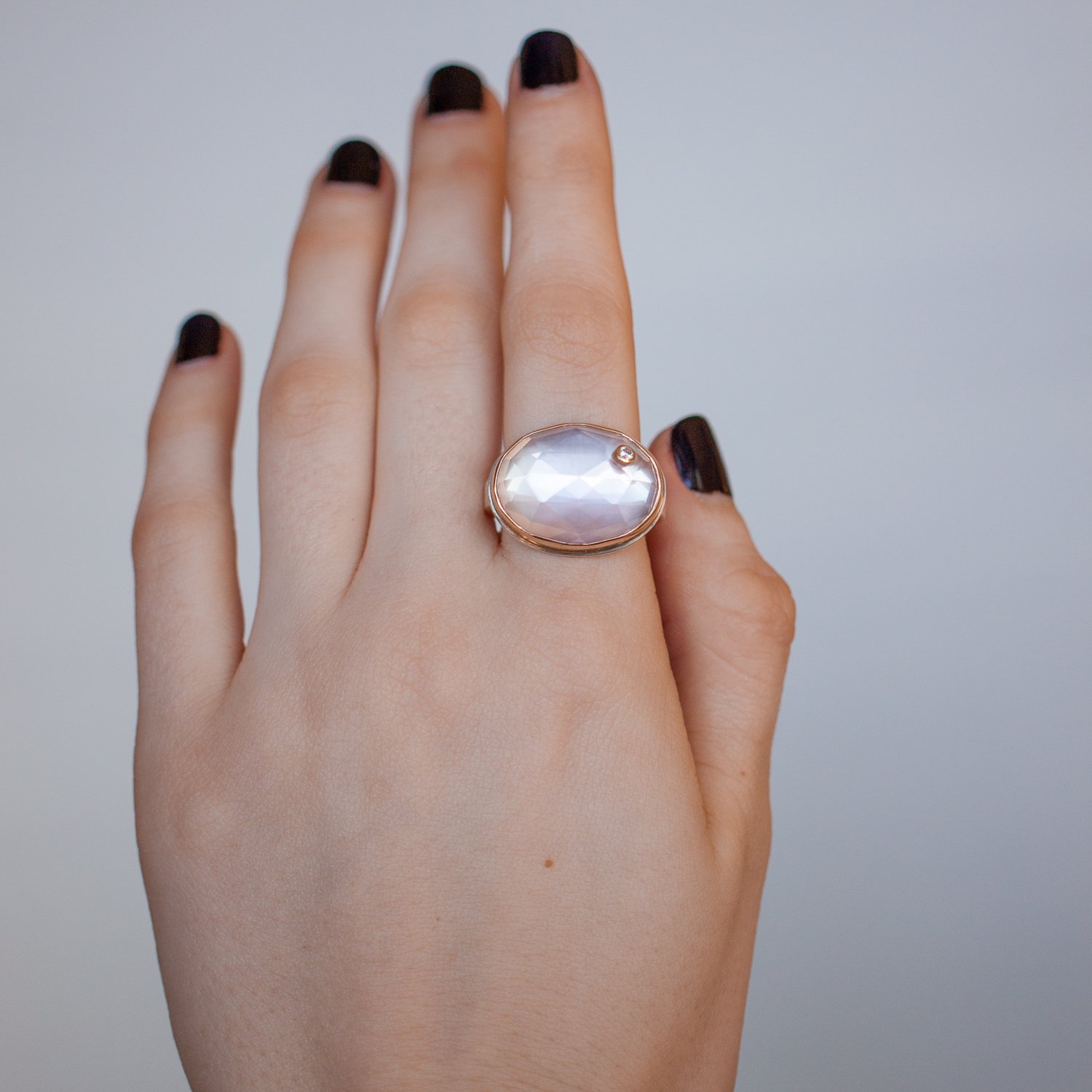 Jamie Joseph Trunk Show: Round Faceted Rose Quartz with Diamond Ring sz. 6.5