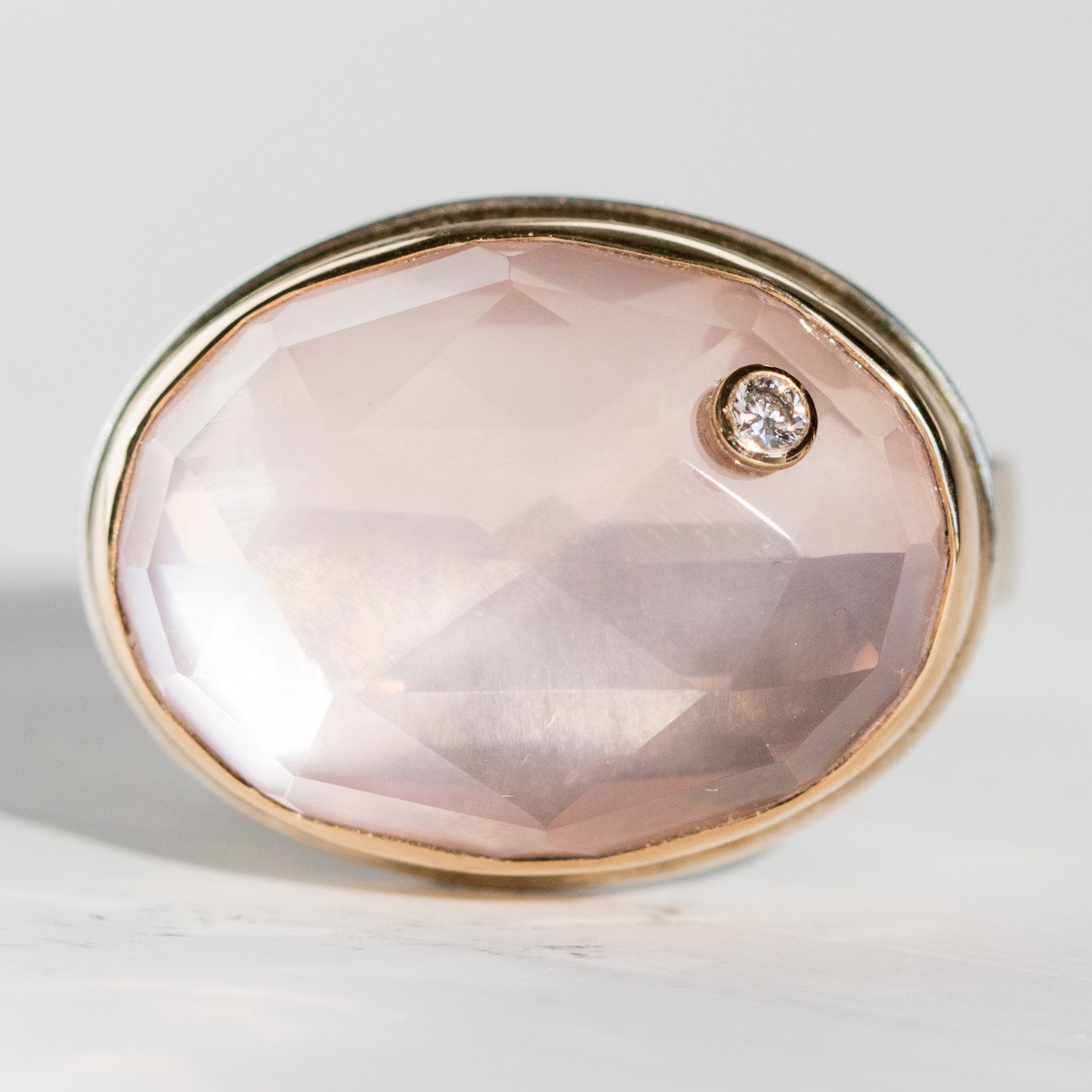 Jamie Joseph Trunk Show: Round Faceted Rose Quartz with Diamond Ring sz. 6.5
