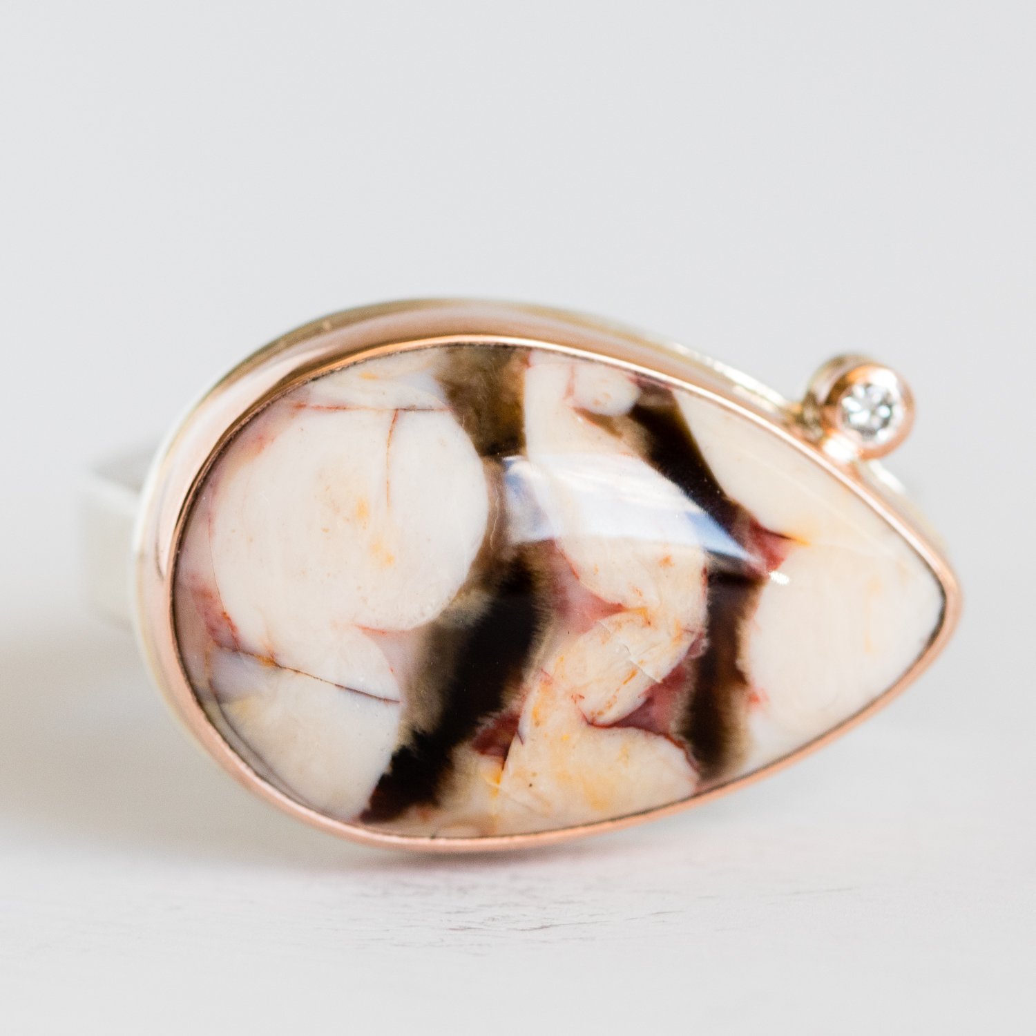 Jamie Joseph Trunk Show: Fossilized Peanut Wood with Satelite Diamond Ring sz. 7.25