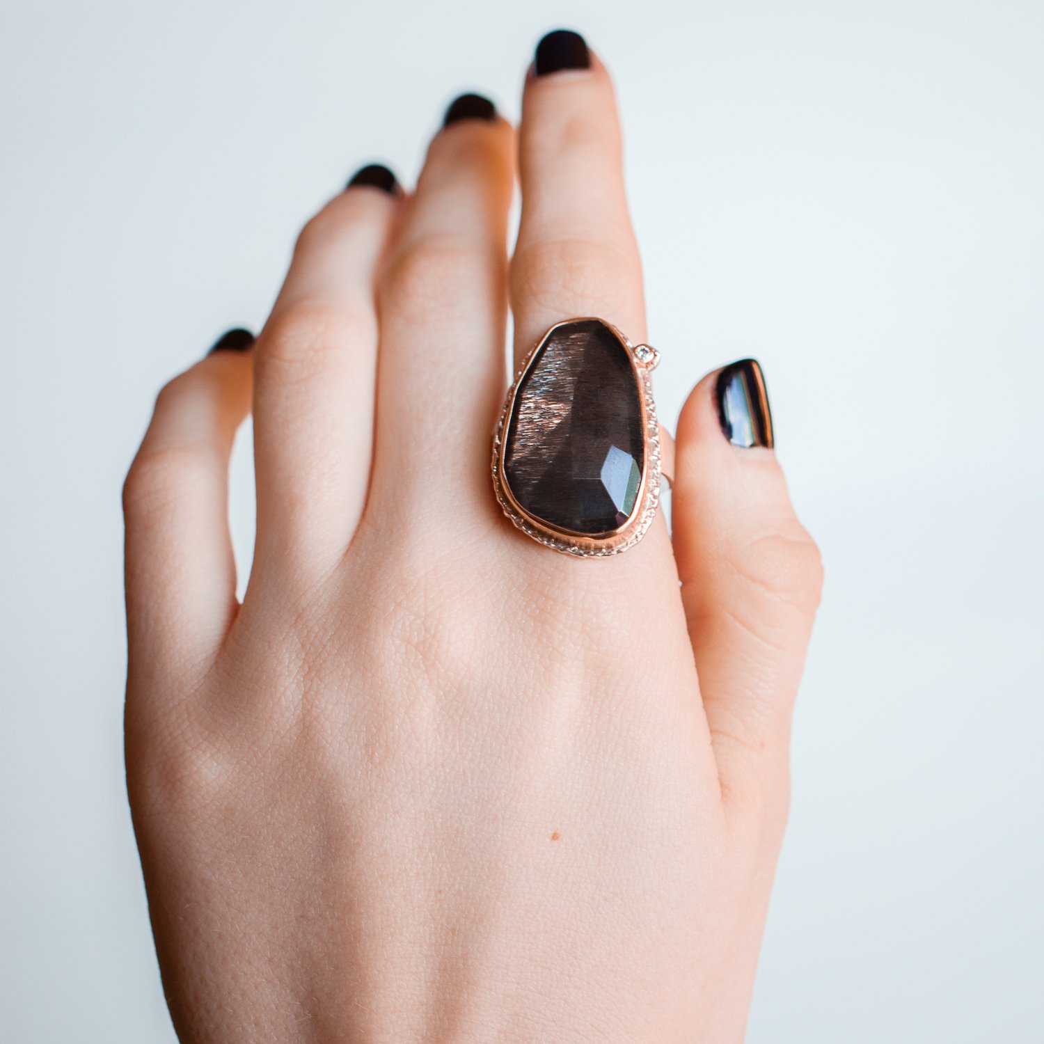 Jamie Joseph Trunk Show: Chocolate Moonstone with Satelite Diamond Ring sz 7.5