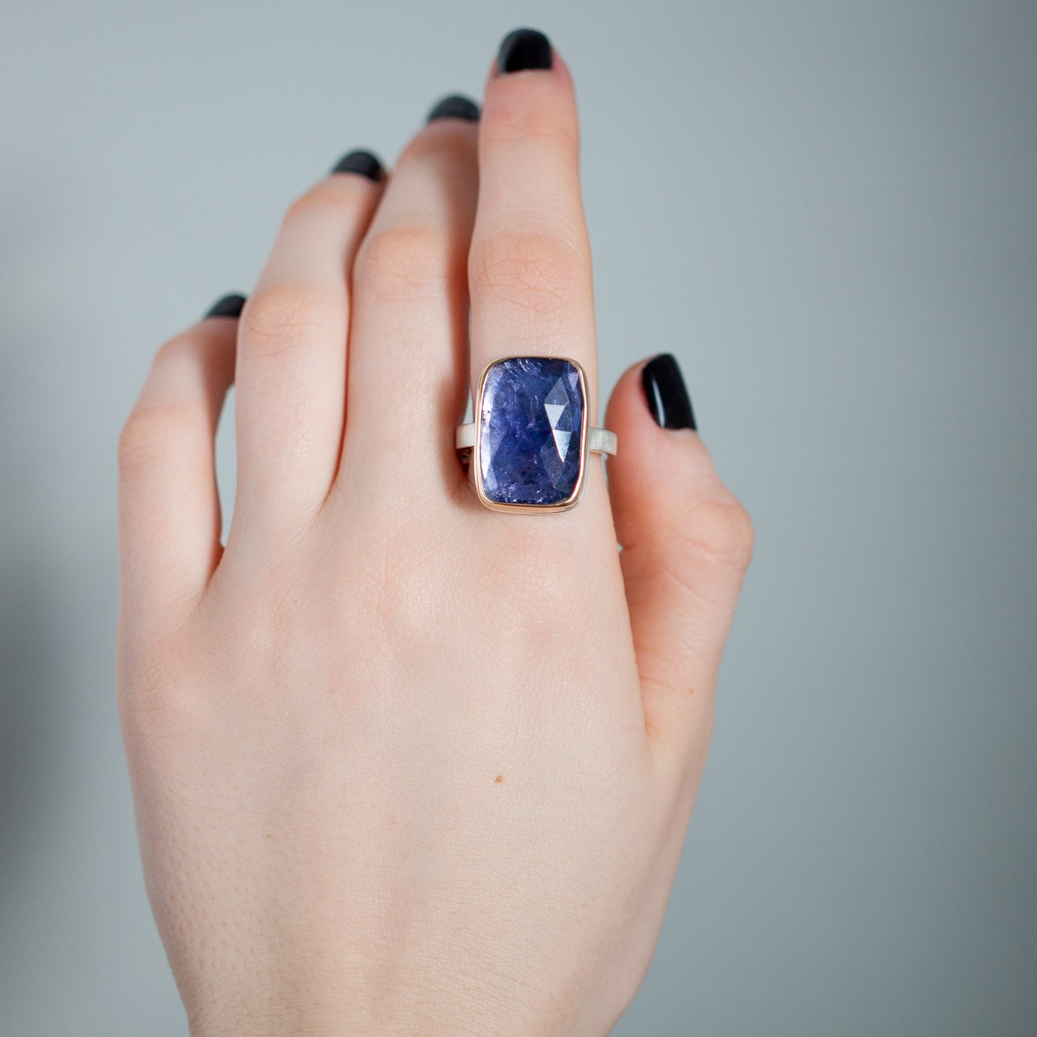 Jamie Joseph: 14K gold and sterling silver ring with vertical rectangular rose cut iolite on X band Size 7