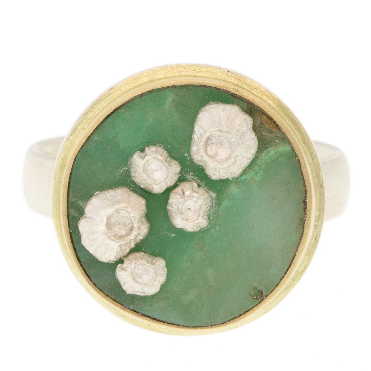 Hannah Blount: Harbor Chrysoprase Ruthie B. Ring with Barnacles - bright silver, 14K gold, chrysoprase