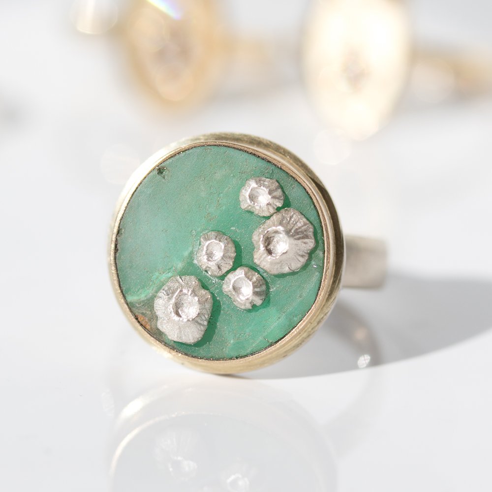 Hannah Blount: Harbor Chrysoprase Ruthie B. Ring with Barnacles - bright silver, 14K gold, chrysoprase