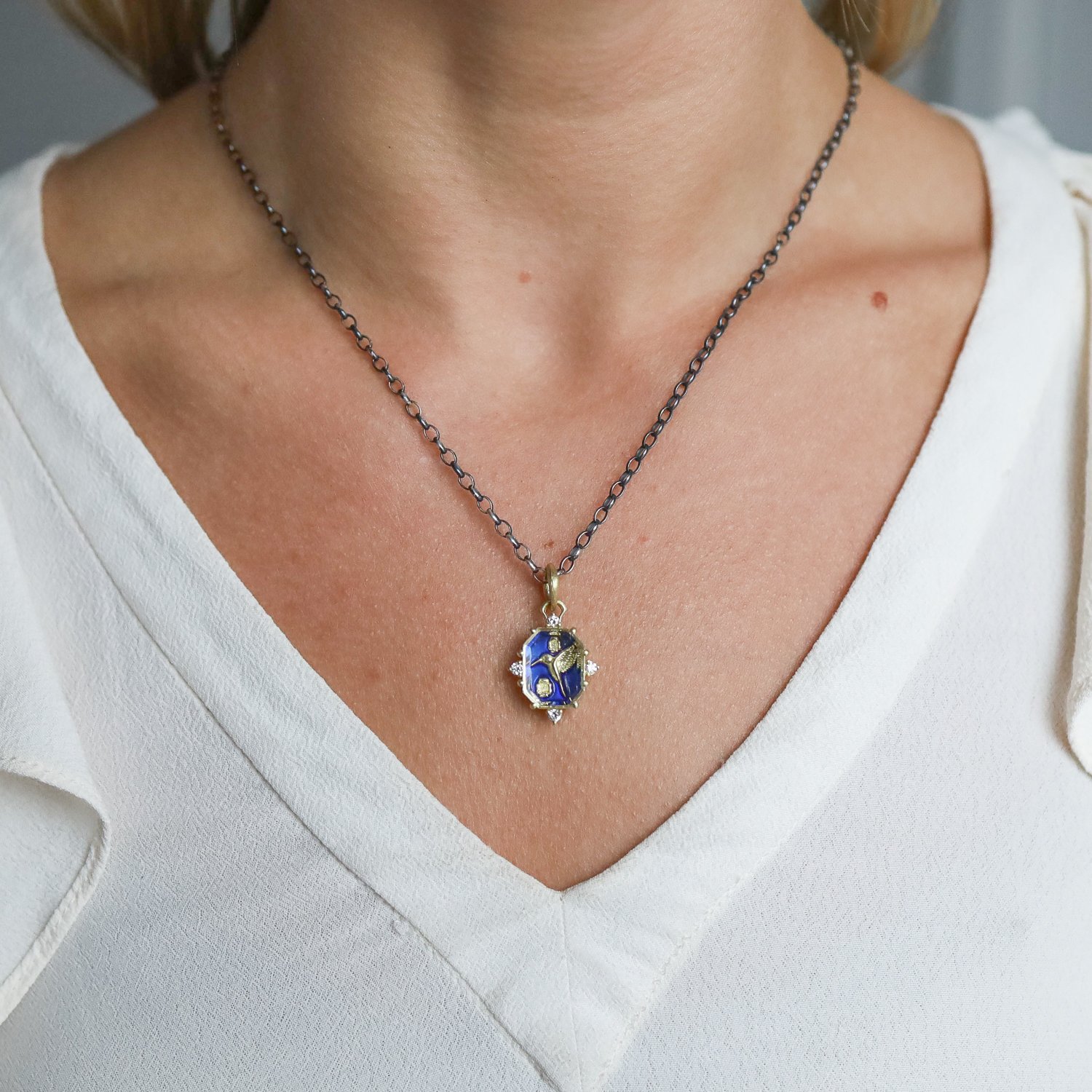 Erica Molinari Trunk Show: 18K Hummingbird & Flower with Brilliant Blue Glass Enamel Set with White Topaz & Diamonds .18cts