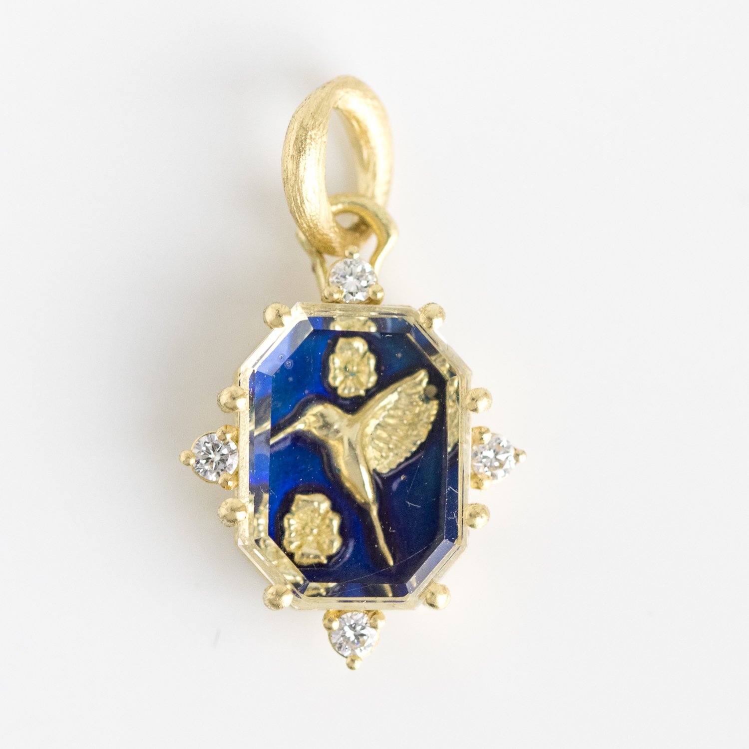 Erica Molinari Trunk Show: 18K Hummingbird & Flower with Brilliant Blue Glass Enamel Set with White Topaz & Diamonds .18cts