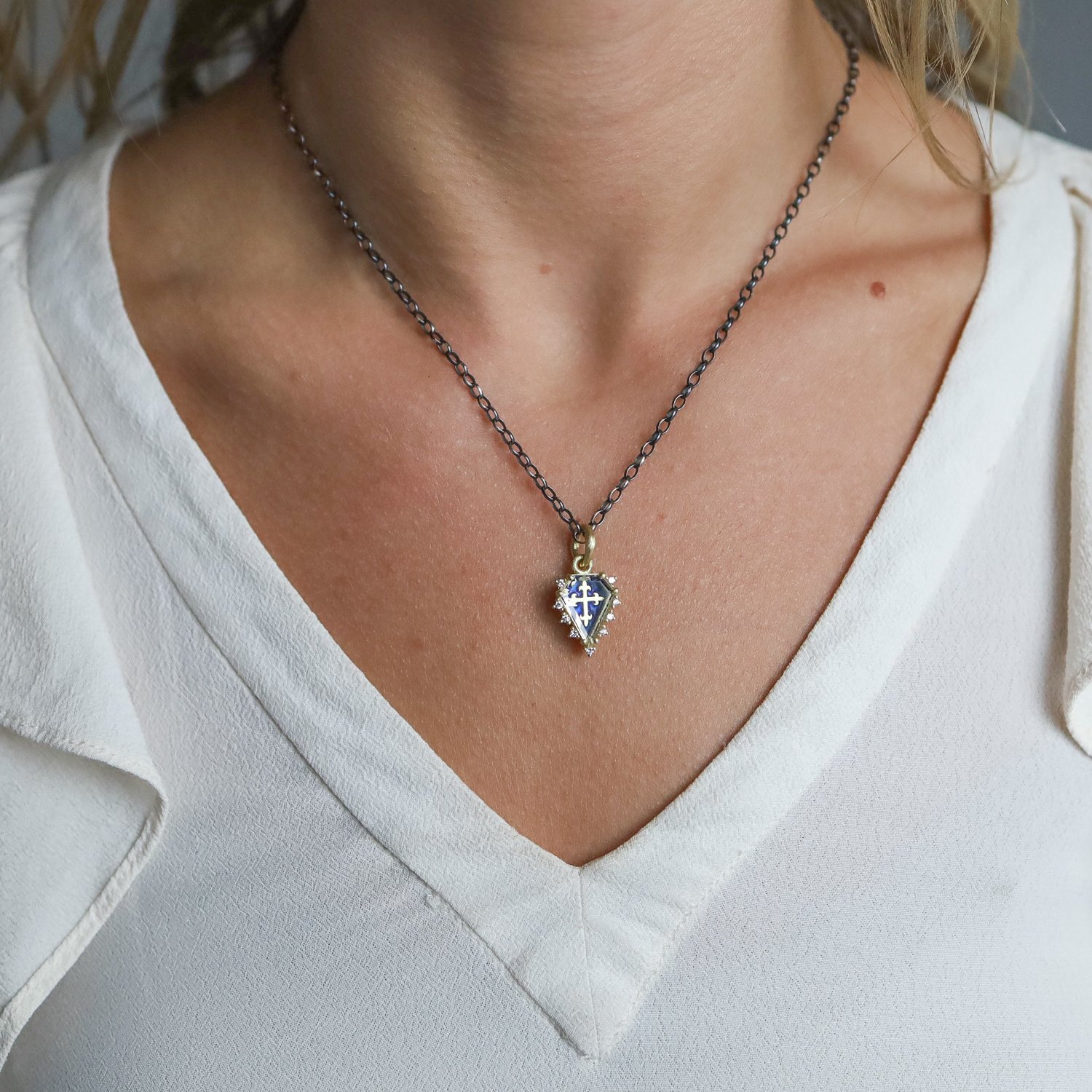 Erica Molinari Trunk Show: 18K Double Cross with Brilliant Blue Glass Enamel Set with White Topaz and Diamonds .06cts
