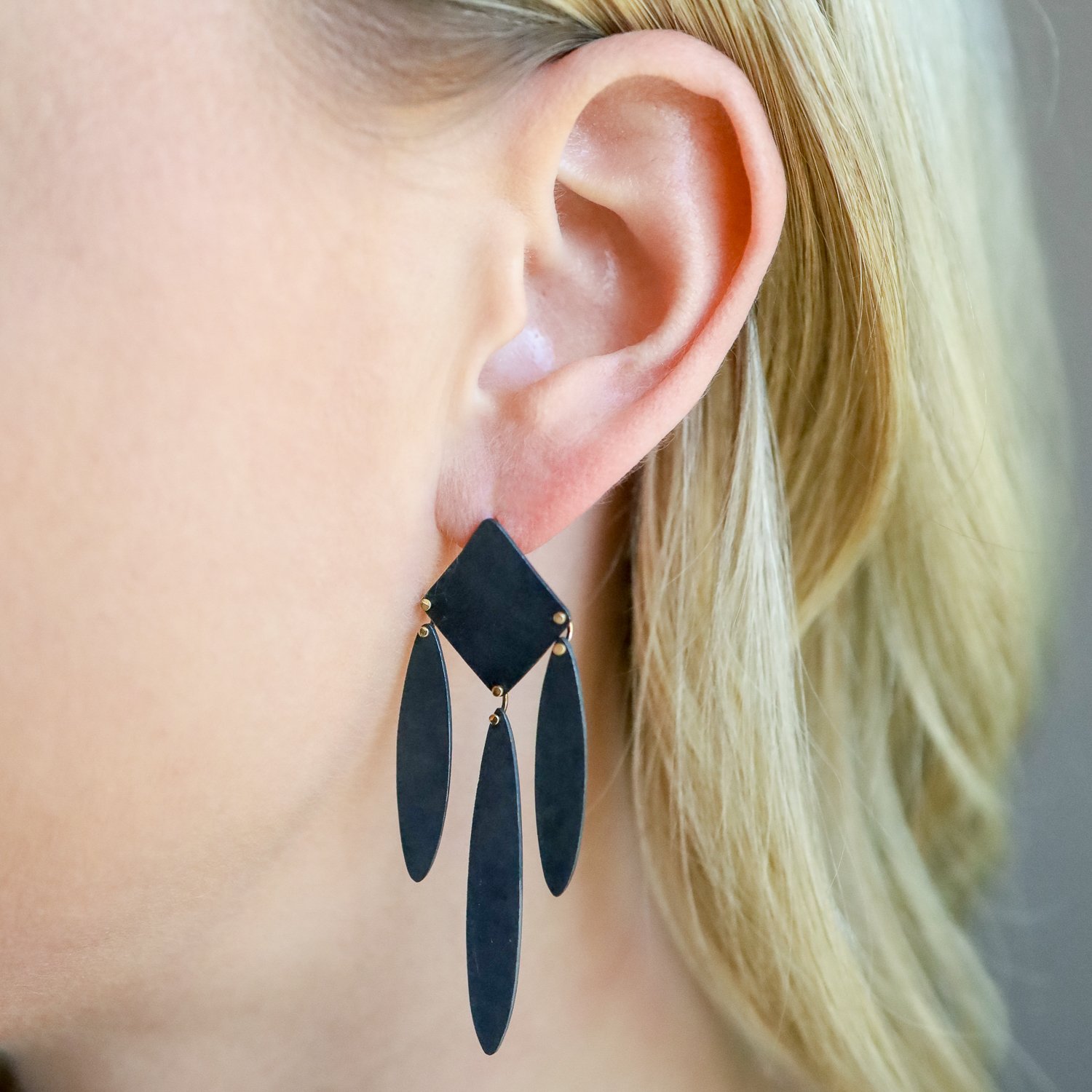 Shaesby: Waterfall slice earrings, blackened silver
