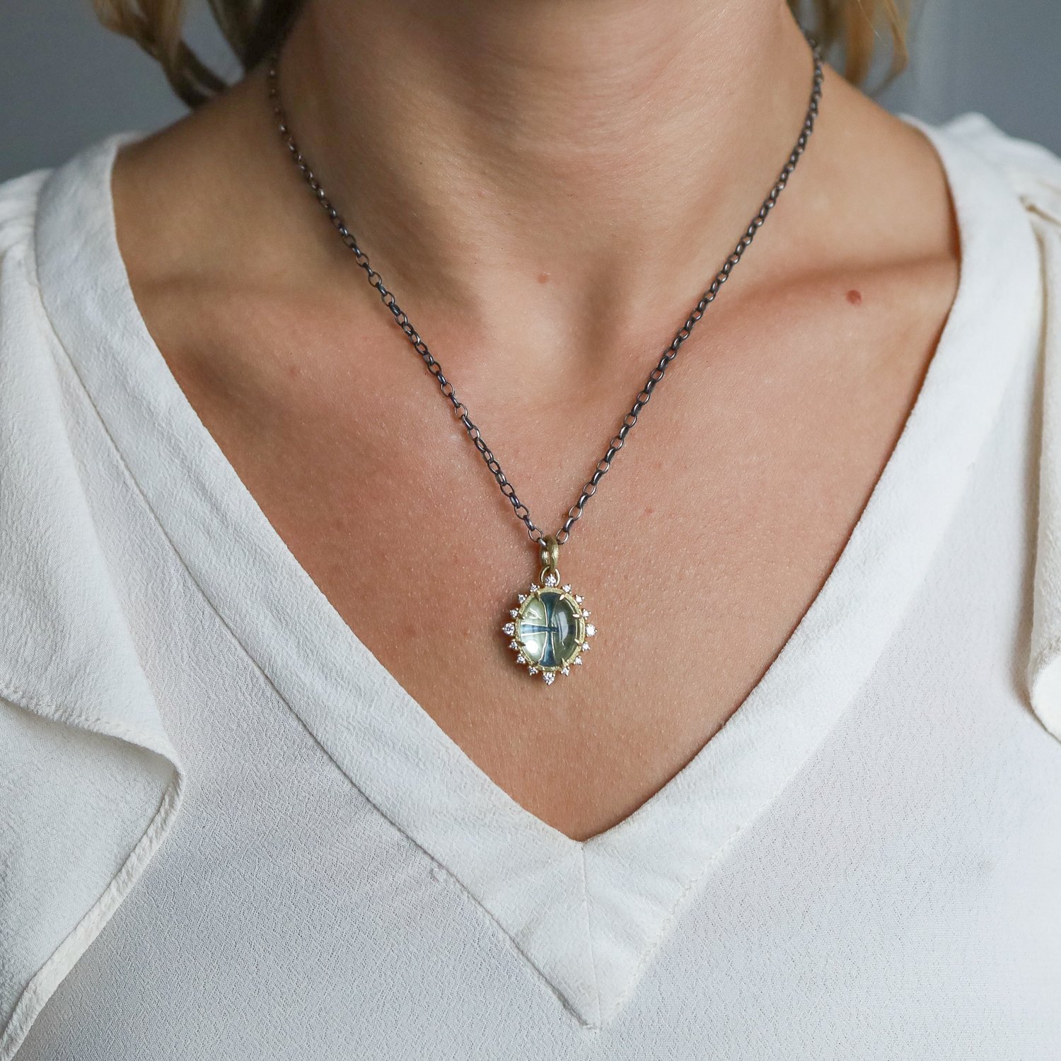 Erica Molinari Trunk Show: 18K Enamel Cross Under an Aquamarine with Diamond Border .36cts "love"