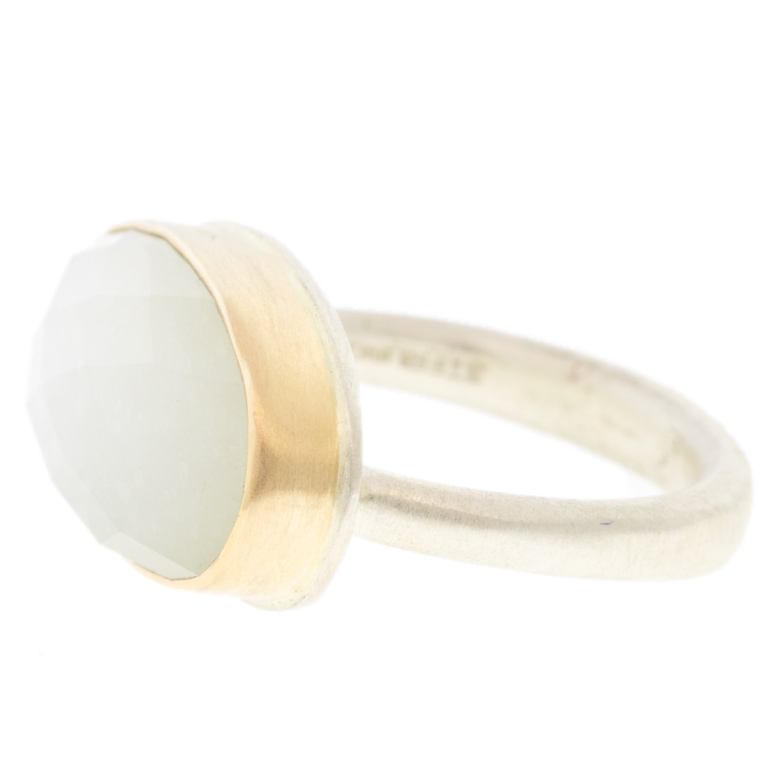 Jamie Joseph: SS & 14k Gold Ring w/ Oval Checkerboard White Moonstone on Egyptian Band Size 7