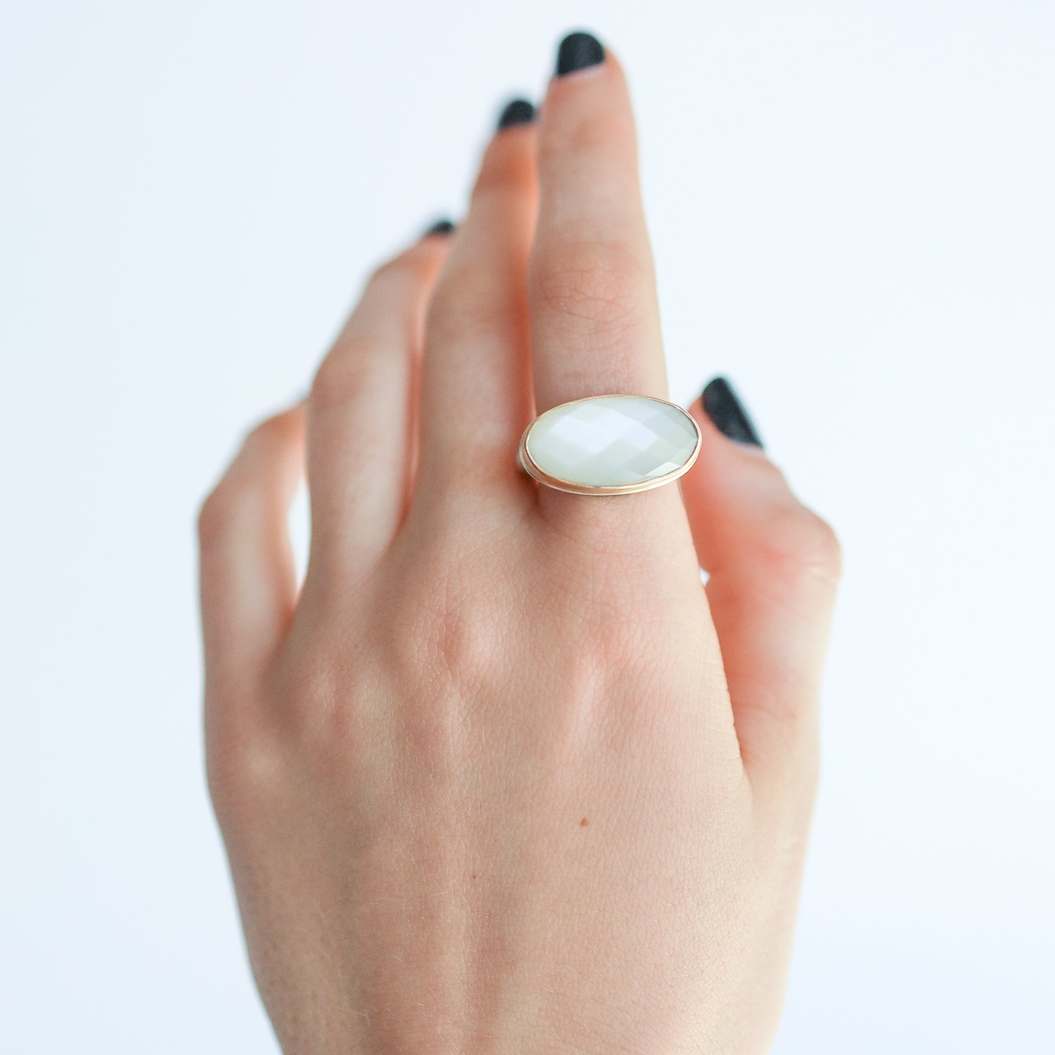 Jamie Joseph: SS & 14k Gold Ring w/ Oval Checkerboard White Moonstone on Egyptian Band Size 7