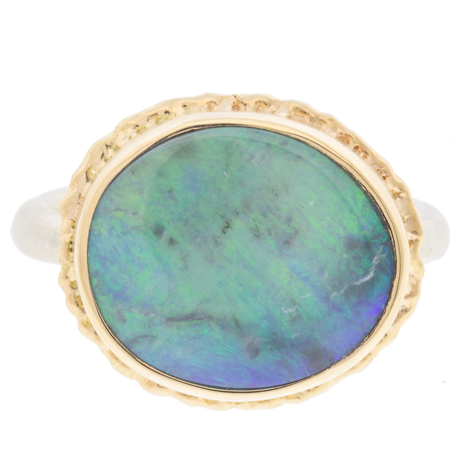 Jamie Joseph: Sterling &14K gold ring w/Oval AUSTRALIAN OPAL on ruffled platform and Egyptian Band 7.5