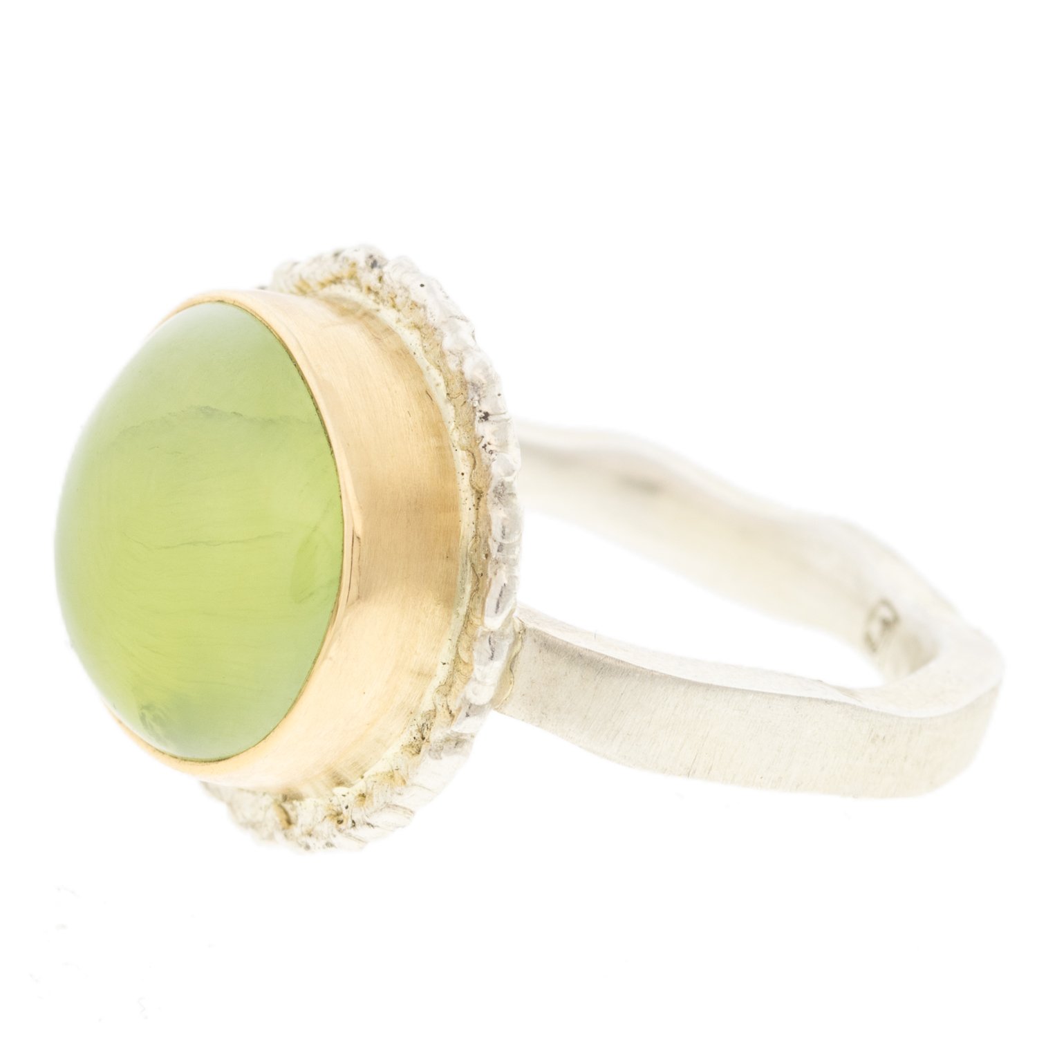 Jamie Joseph: SS & 14k Gold Ring w/ Smooth Asymmetrical Prehnite on Lava Platform and Medium Live Edge Band Size 7
