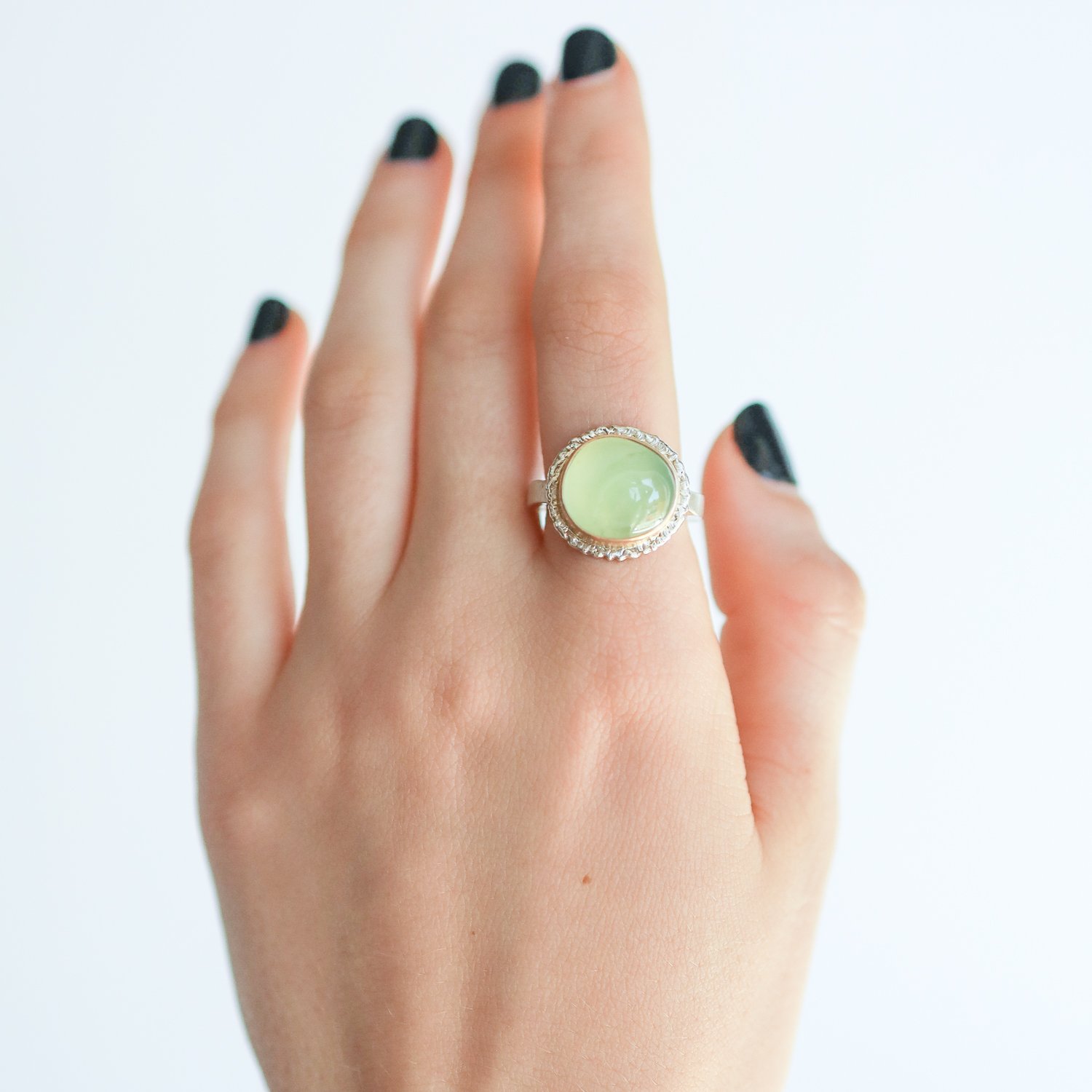 Jamie Joseph: SS & 14k Gold Ring w/ Smooth Asymmetrical Prehnite on Lava Platform and Medium Live Edge Band Size 7