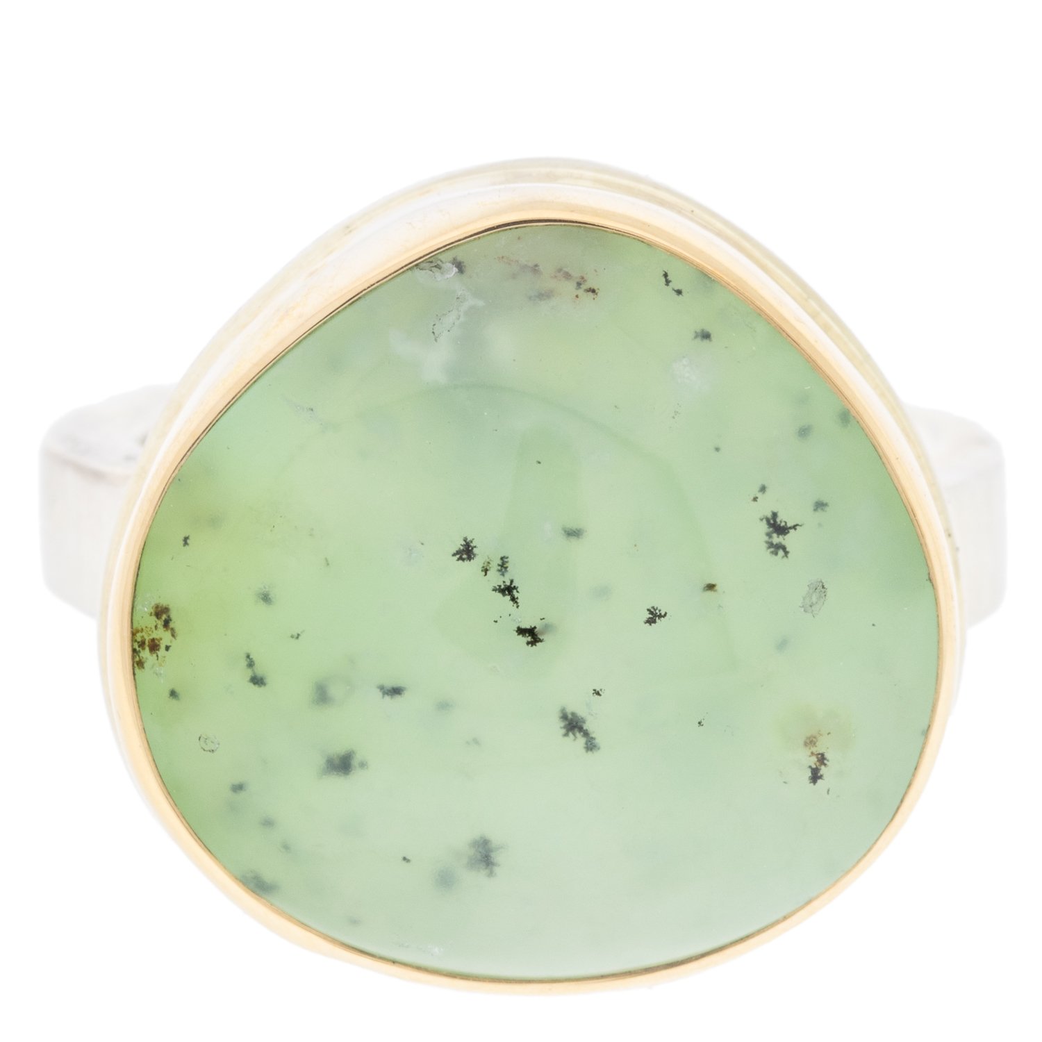 gold and silver ring with chrysoprase by jewelry designer Jamie Joseph